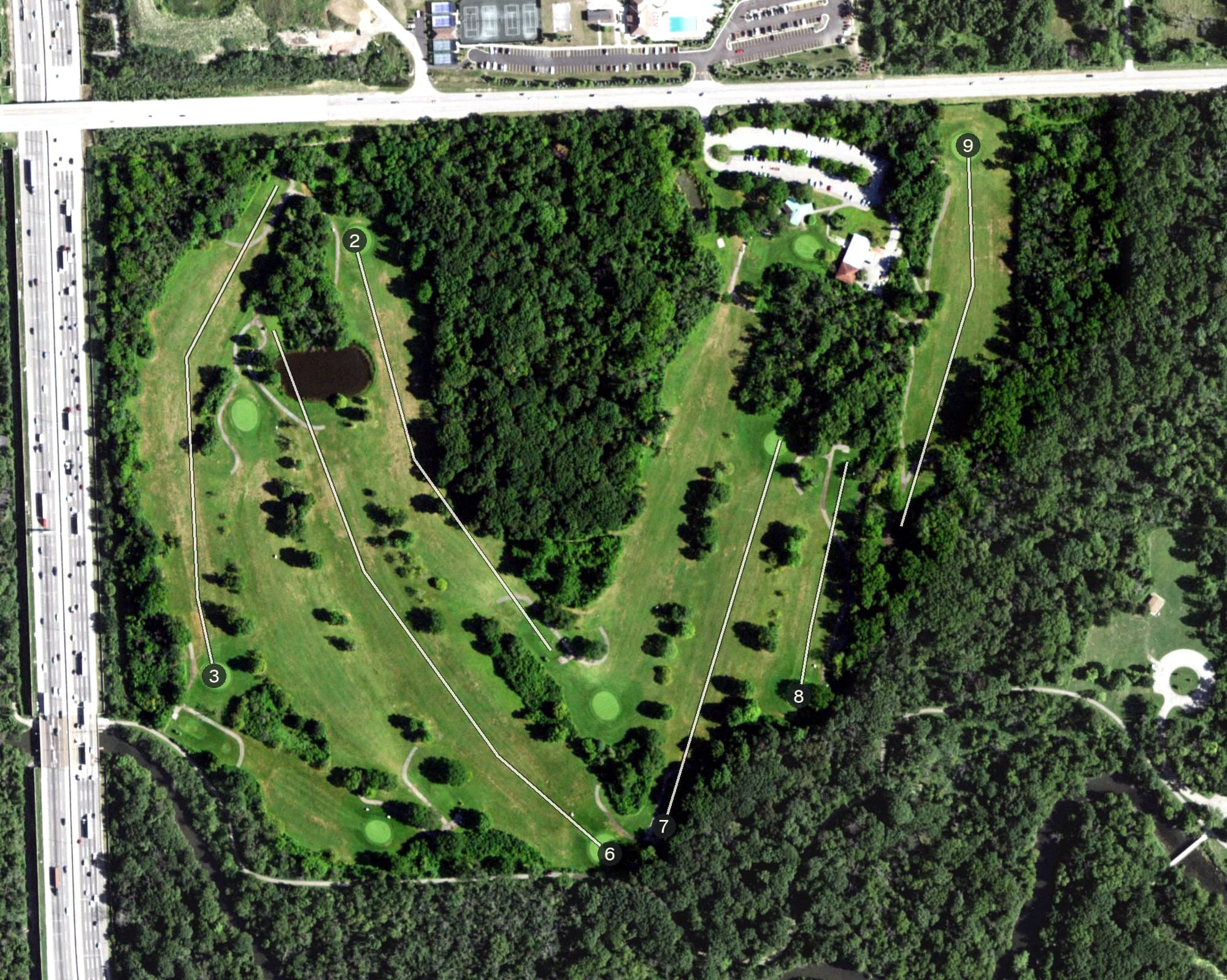 Aerial view of Meadowlark Golf Course, IL, with its hole routing marked