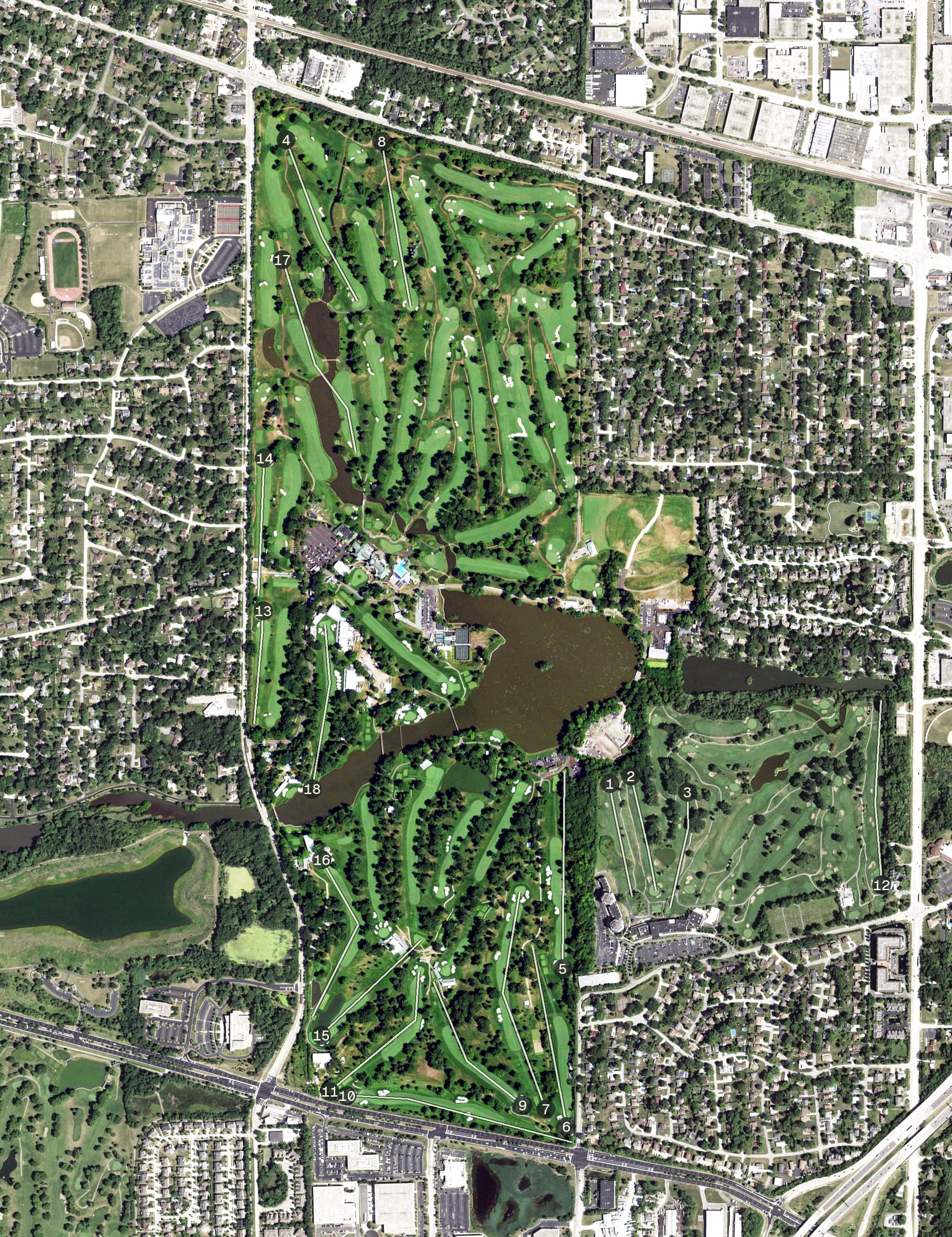 Aerial view of Medinah Country Club, IL, with its hole routing marked