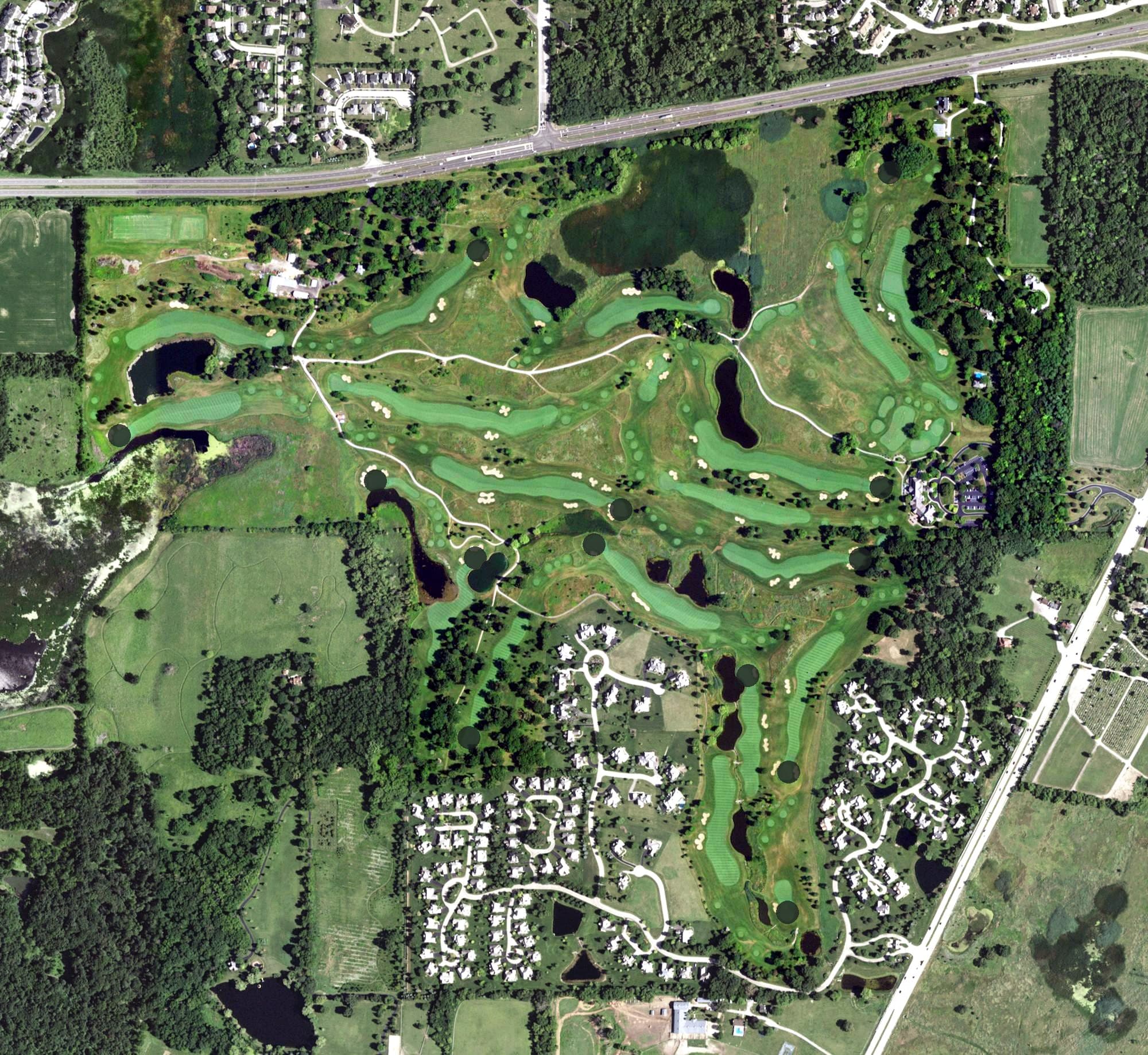 Aerial view of Merit Club, IL, with its hole routing marked