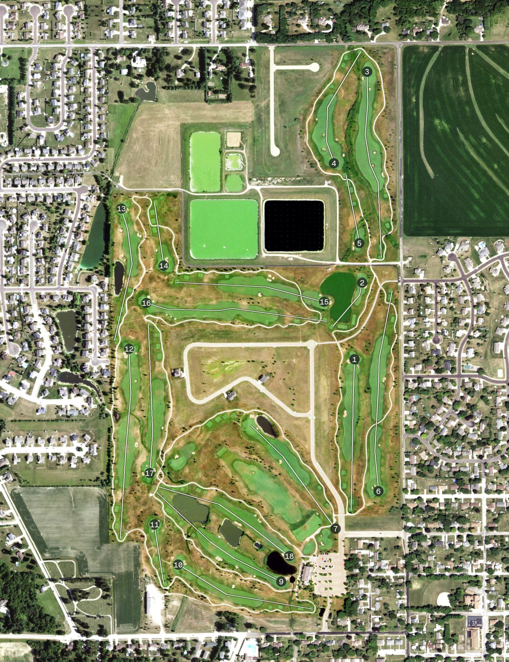 Aerial view of Metamora Fields Golf Club, IL, with its hole routing marked