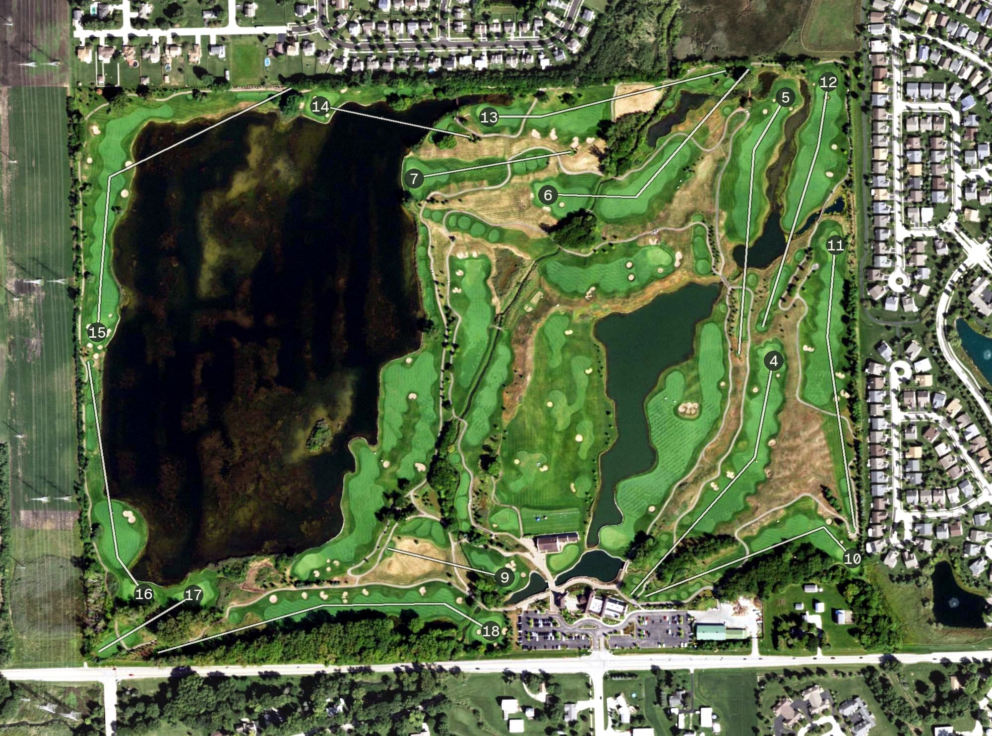 Aerial view of Mistwood Golf Course, IL, with its hole routing marked