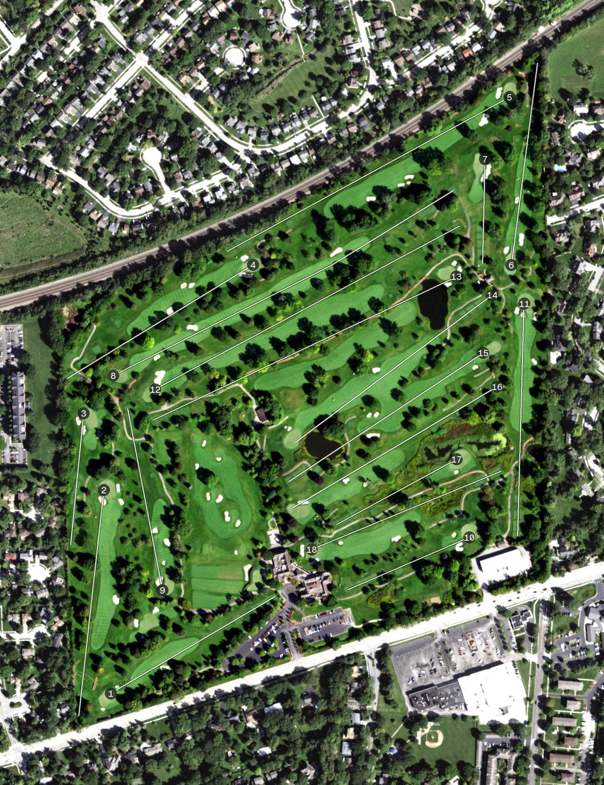 Aerial view of Naperville Country Club, IL, with its hole routing marked