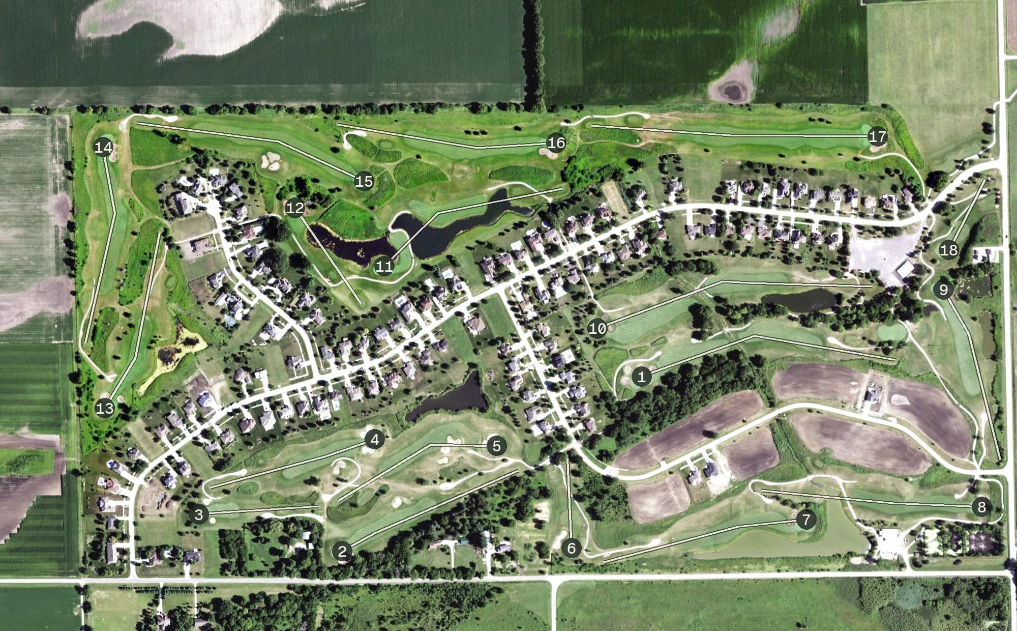 Aerial view of Nettle Creek Country Club, IL, with its hole routing marked