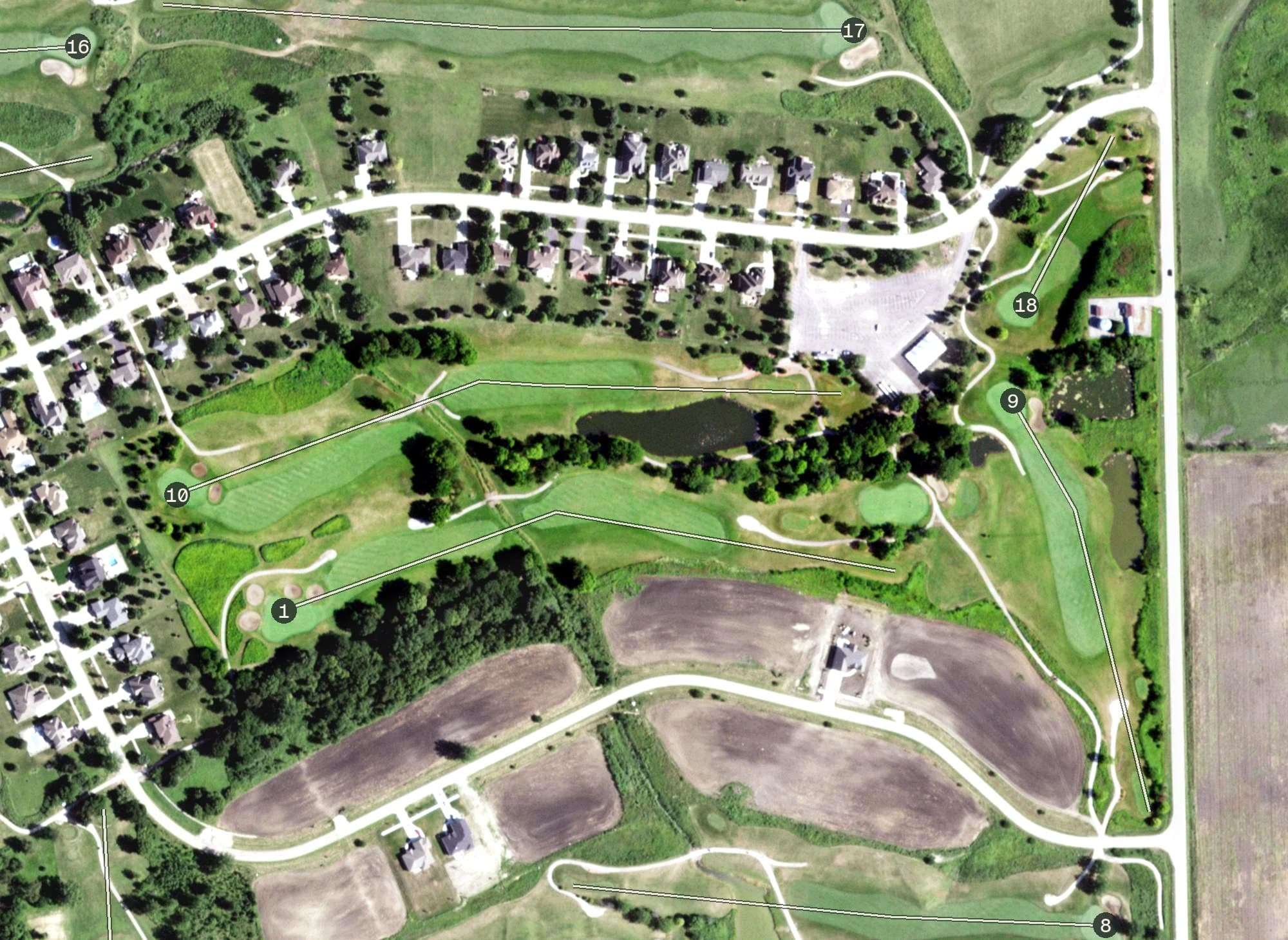 Aerial view of Nettle Creek Country Club, IL, with its hole routing marked