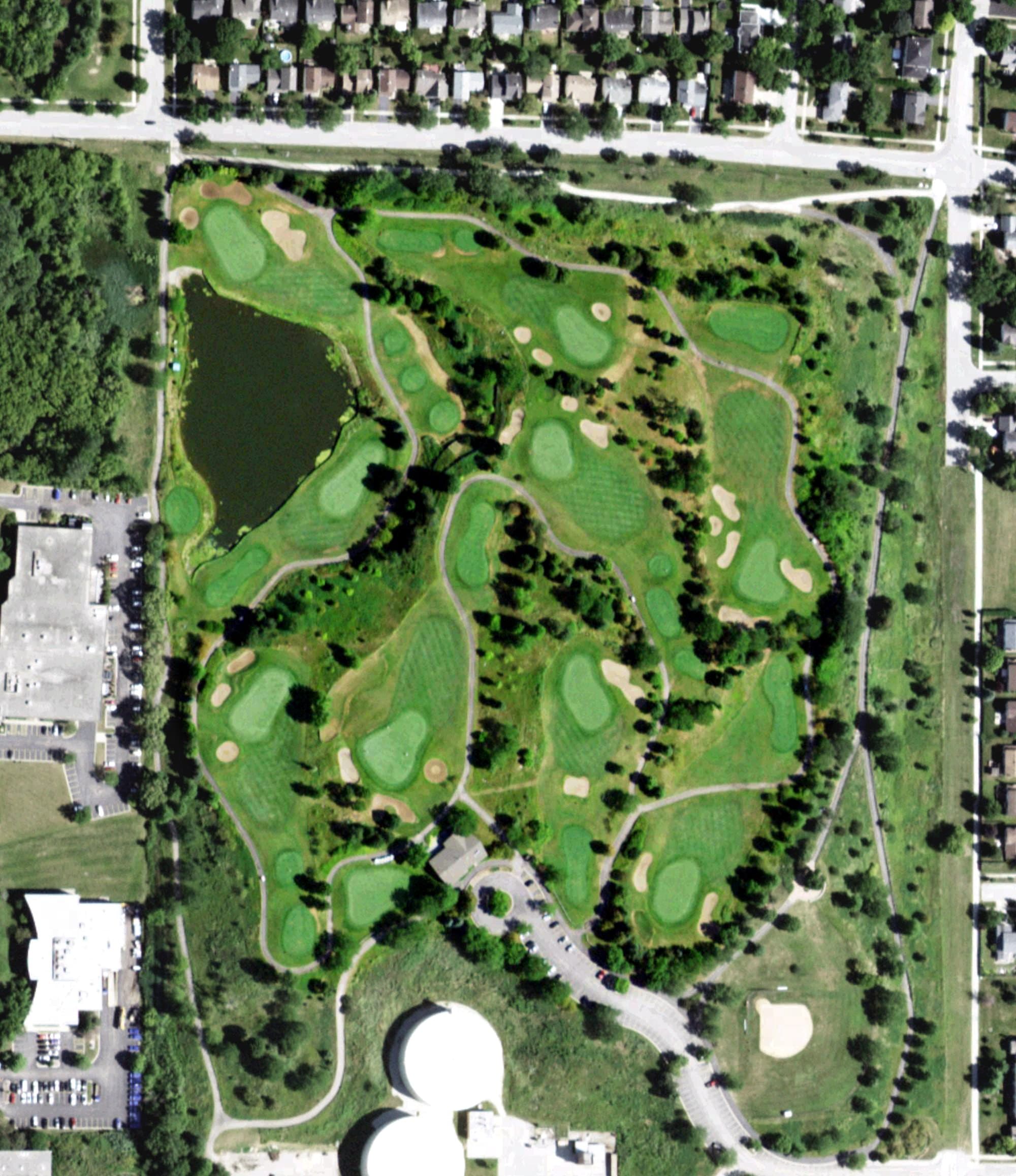 Aerial view of Nickol Knoll Golf Course, IL, with its hole routing marked