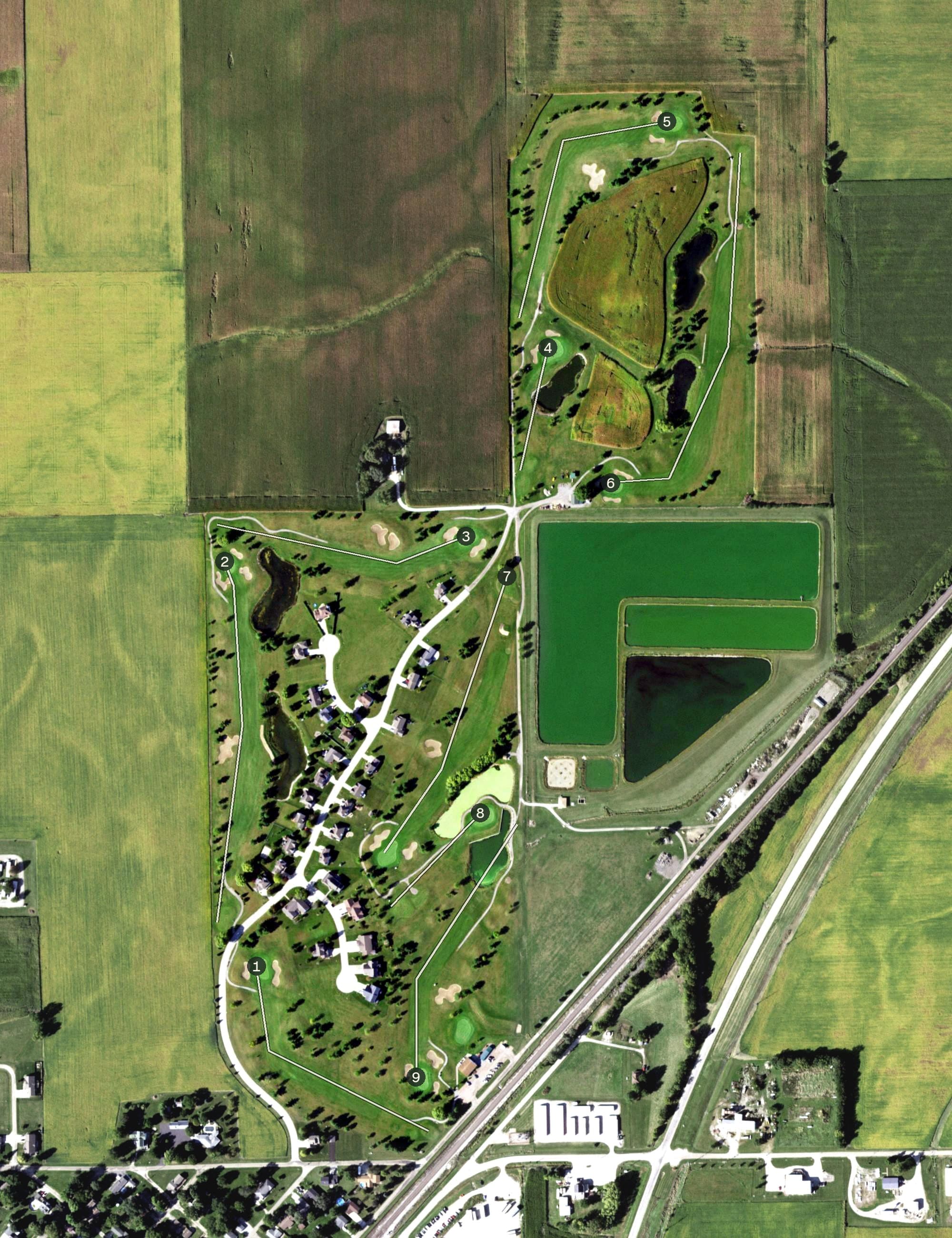 Aerial view of North Greens Golf Course, IL, with its hole routing marked
