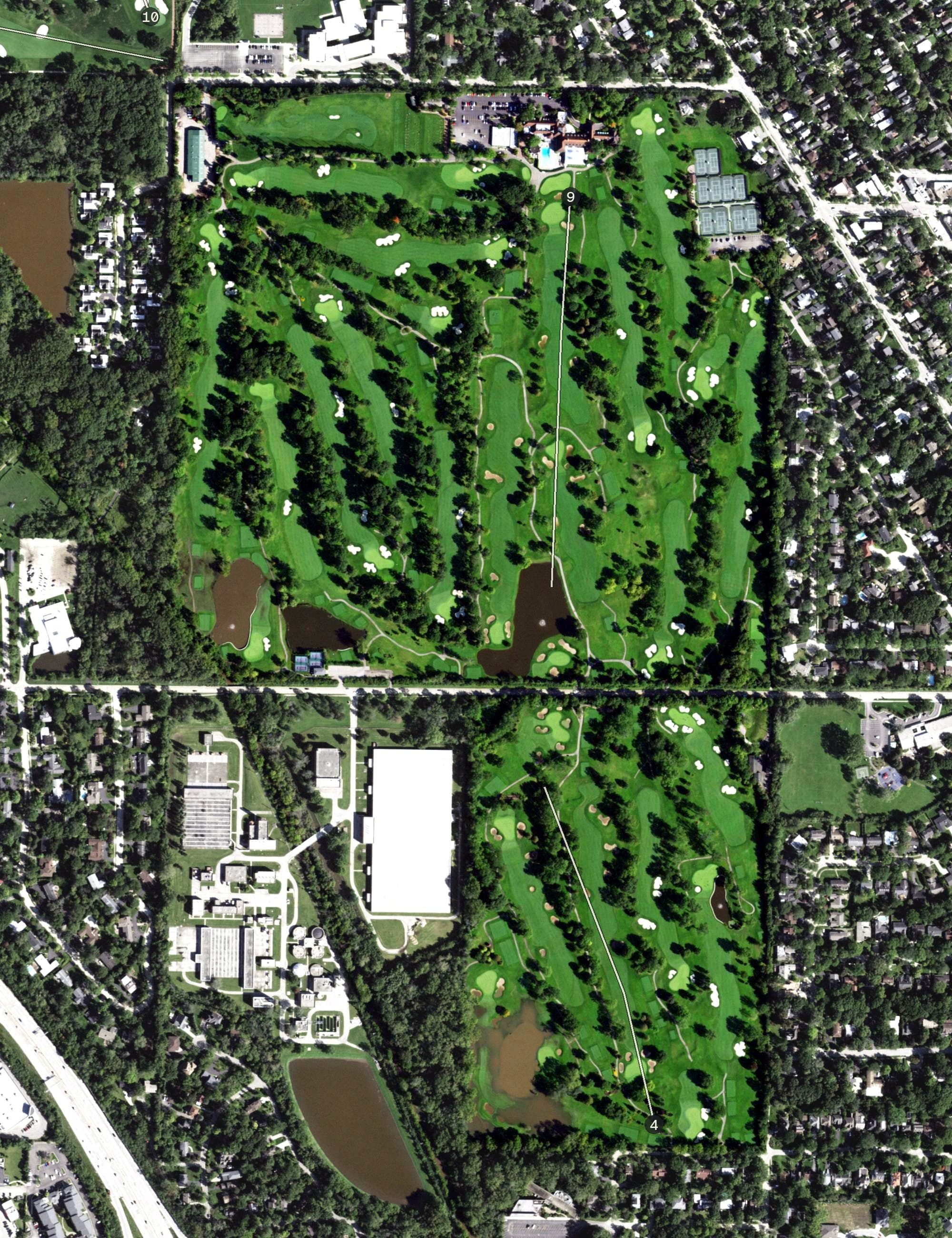 Aerial view of Northmoor Country Club, IL, with its hole routing marked