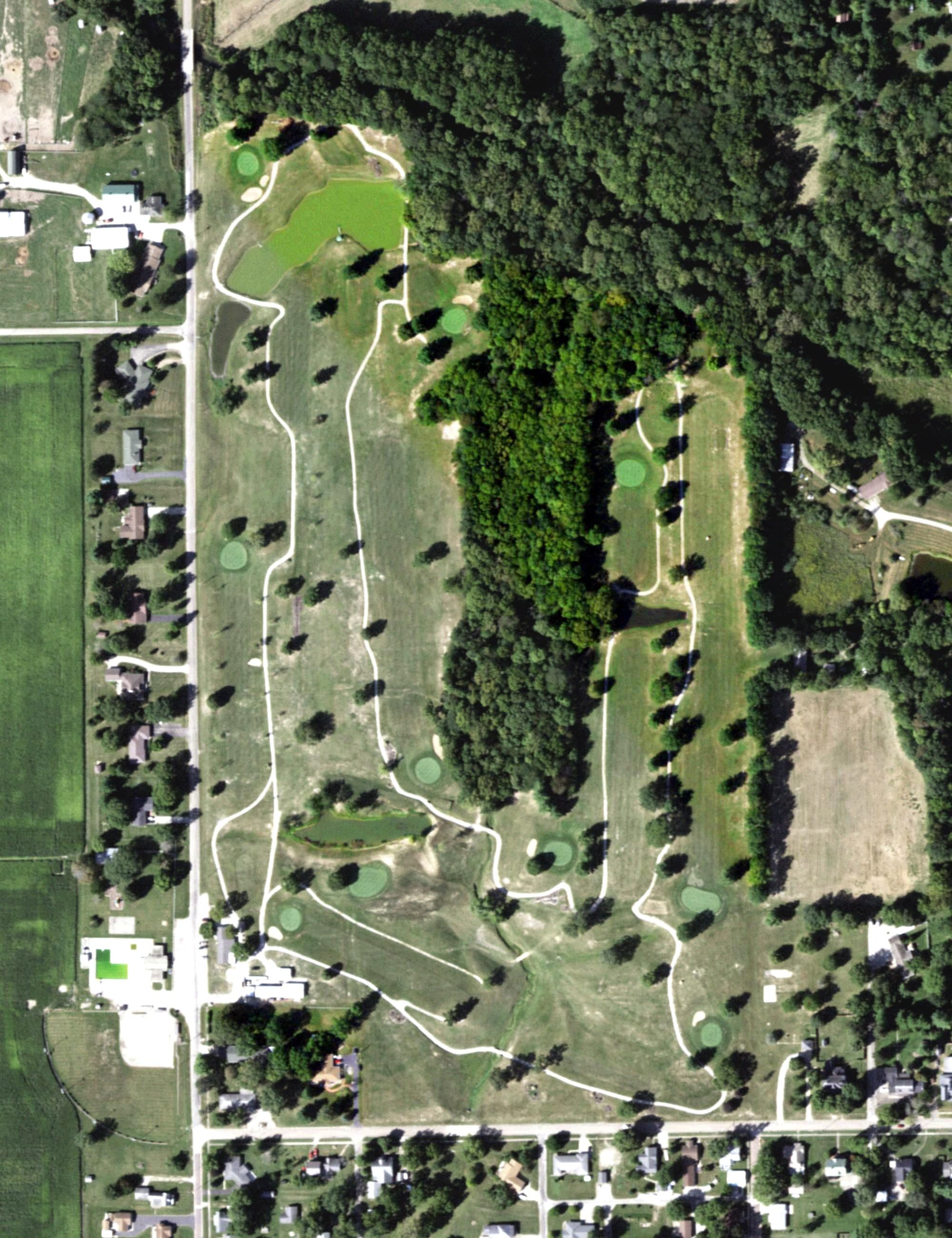 Aerial view of Norton Knolls Golf Course, IL, with its hole routing marked