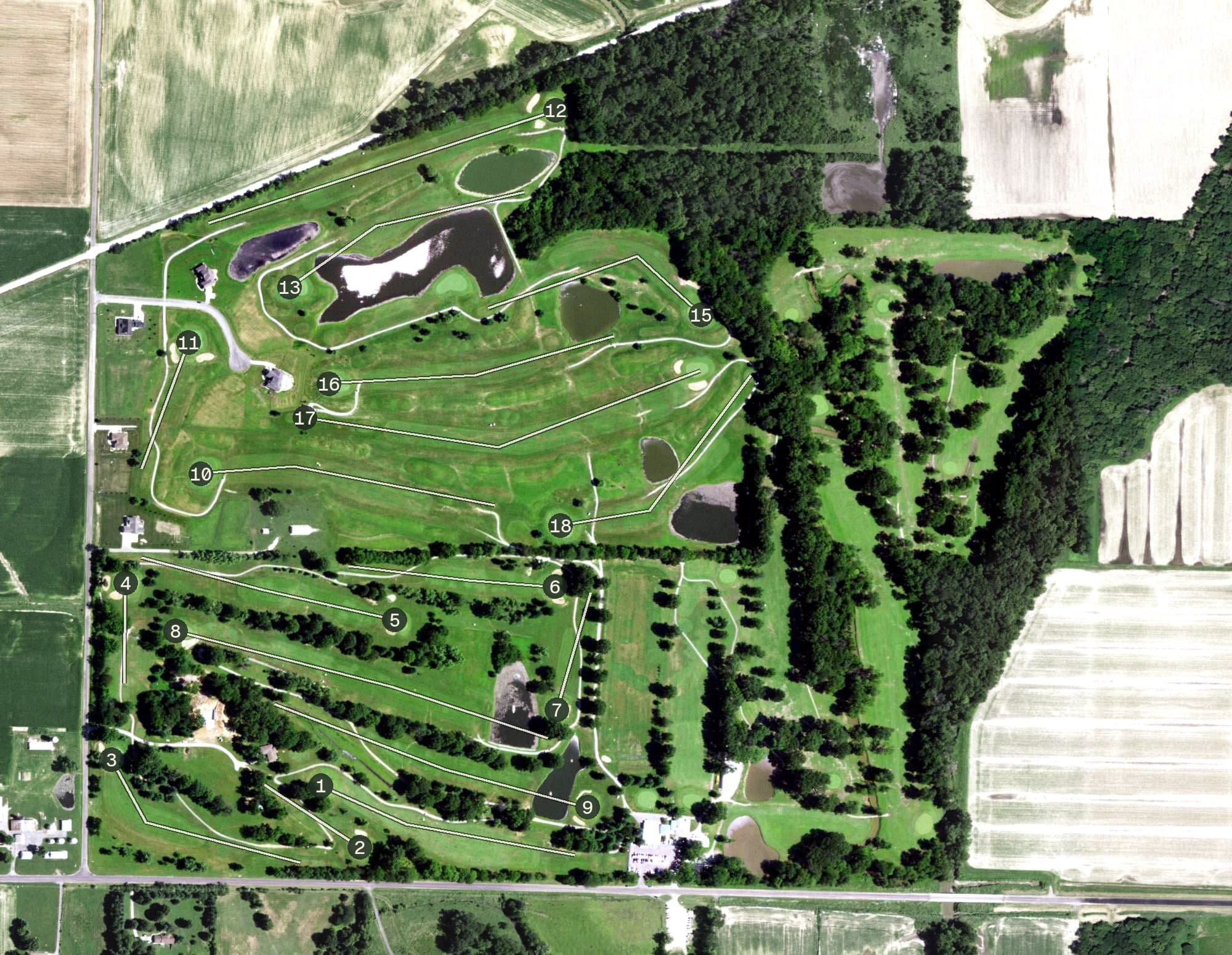 Aerial view of Oak Brook Golf Club, IL, with its hole routing marked