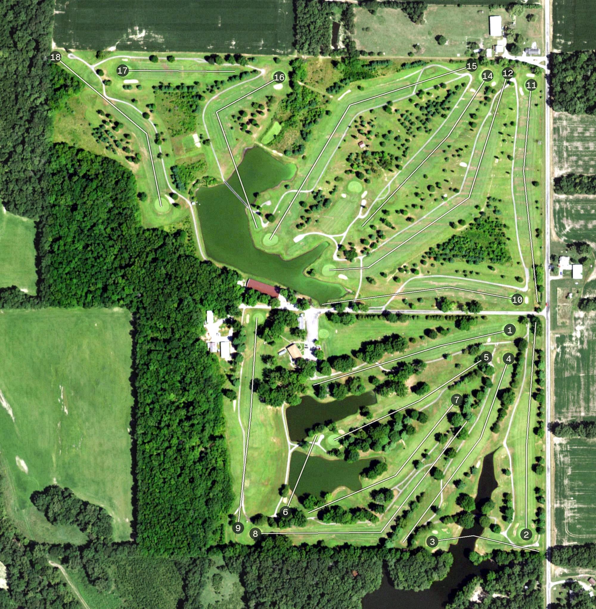 Aerial view of Oak Glen Golf Course, IL, with its hole routing marked