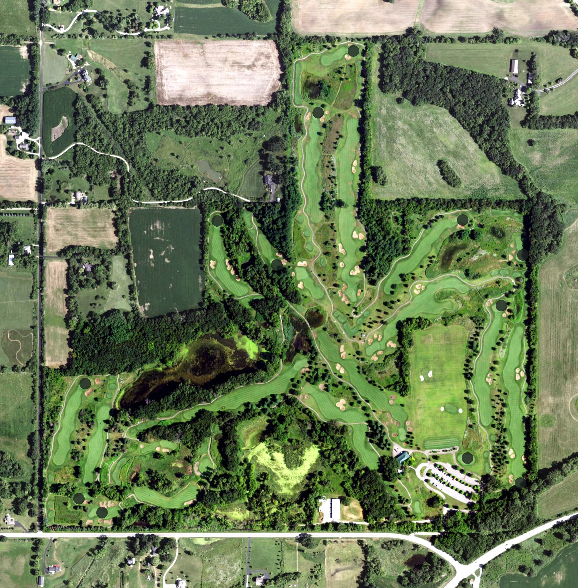 Aerial view of Oak Grove Golf Course, IL, with its hole routing marked