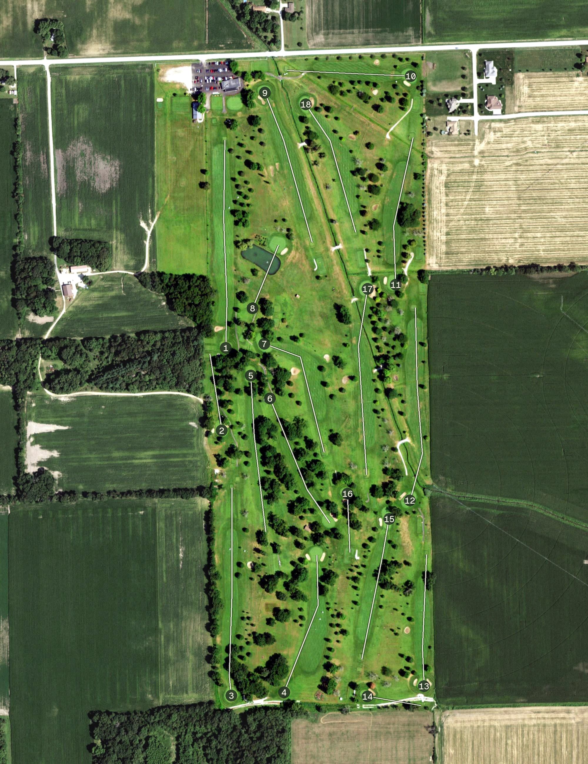 Aerial view of Oak Springs Golf Club, IL, with its hole routing marked