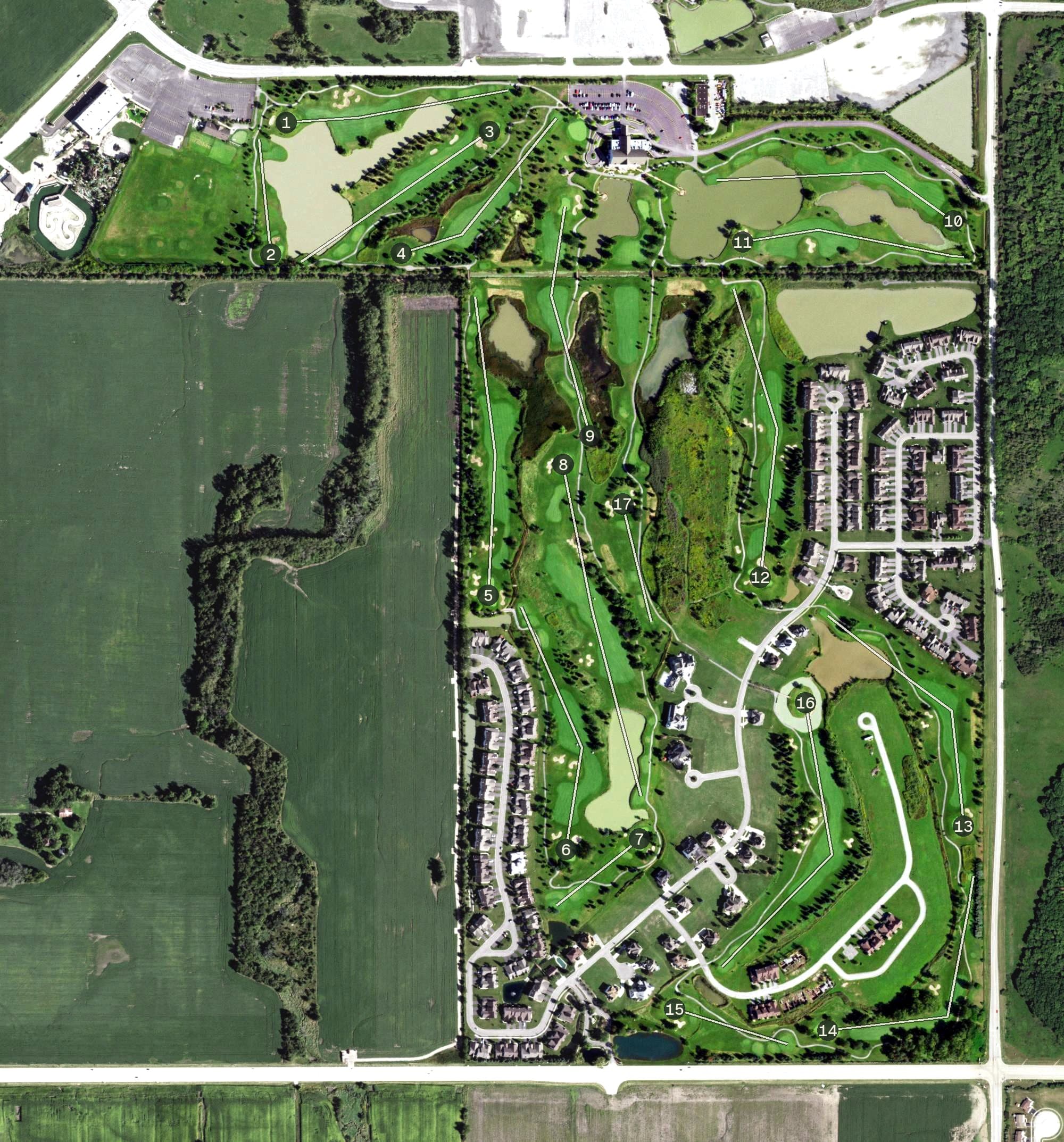 Aerial view of Odyssey Country Club, IL, with its hole routing marked