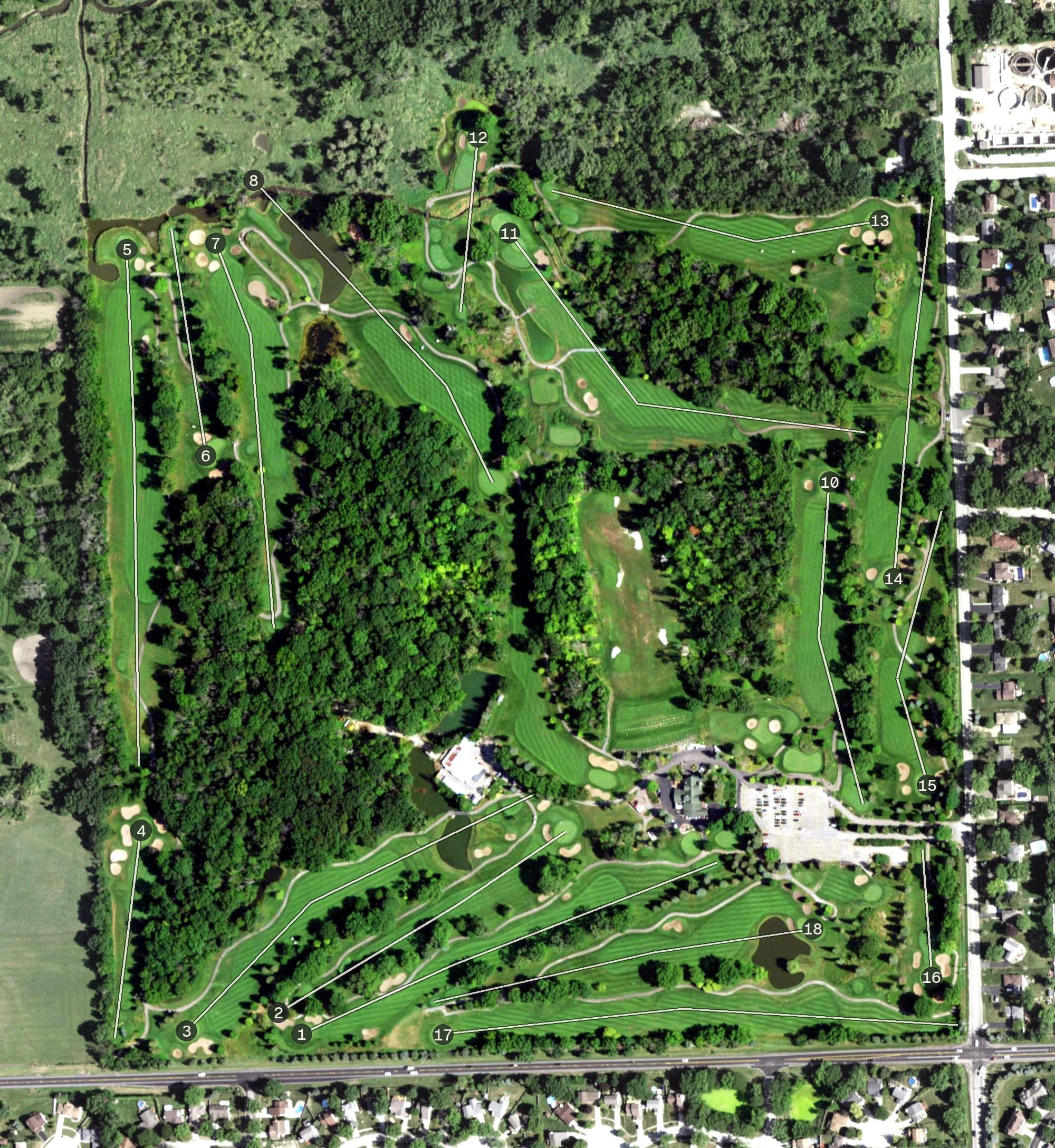 Aerial view of Old Oak Country Club, IL, with its hole routing marked