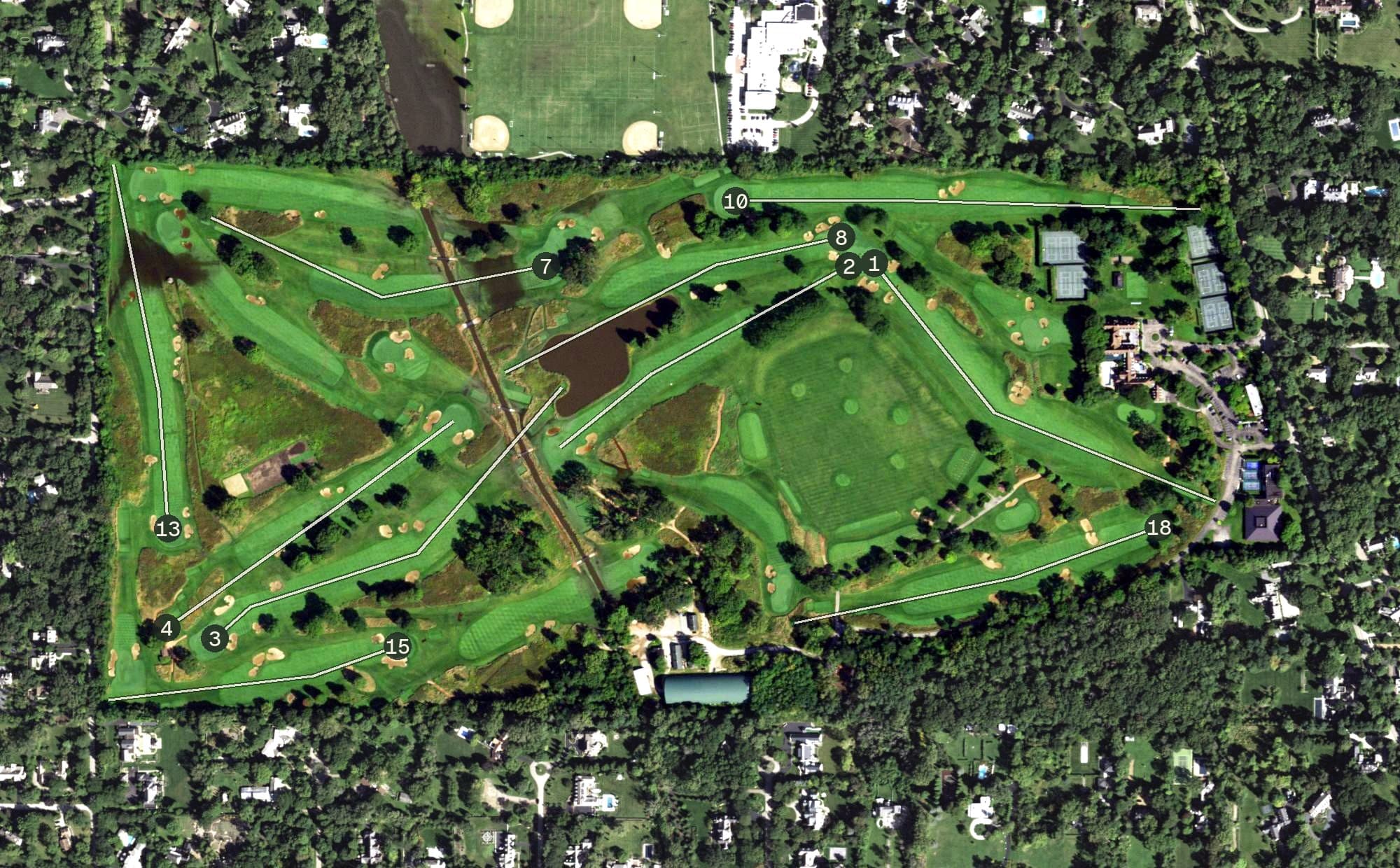 Aerial view of Onwentsia Club, IL, with its hole routing marked