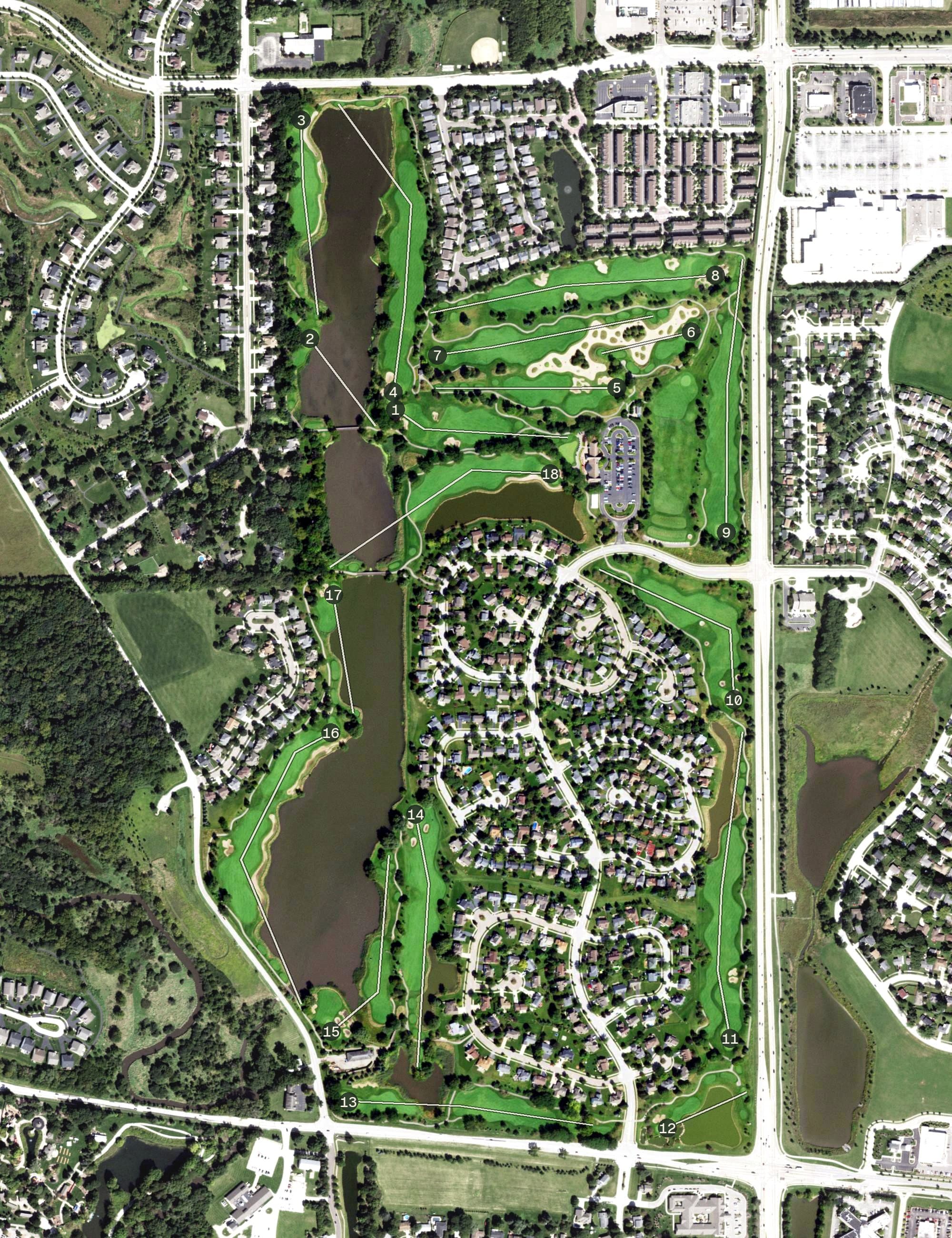 Aerial view of Orchard Vally Golf Course, IL, with its hole routing marked