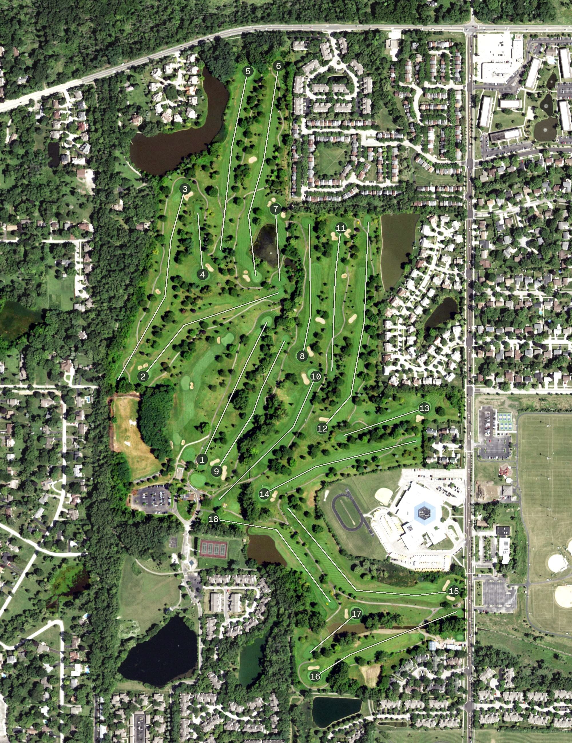 Aerial view of Palatine Hills Golf Course, IL, with its hole routing marked