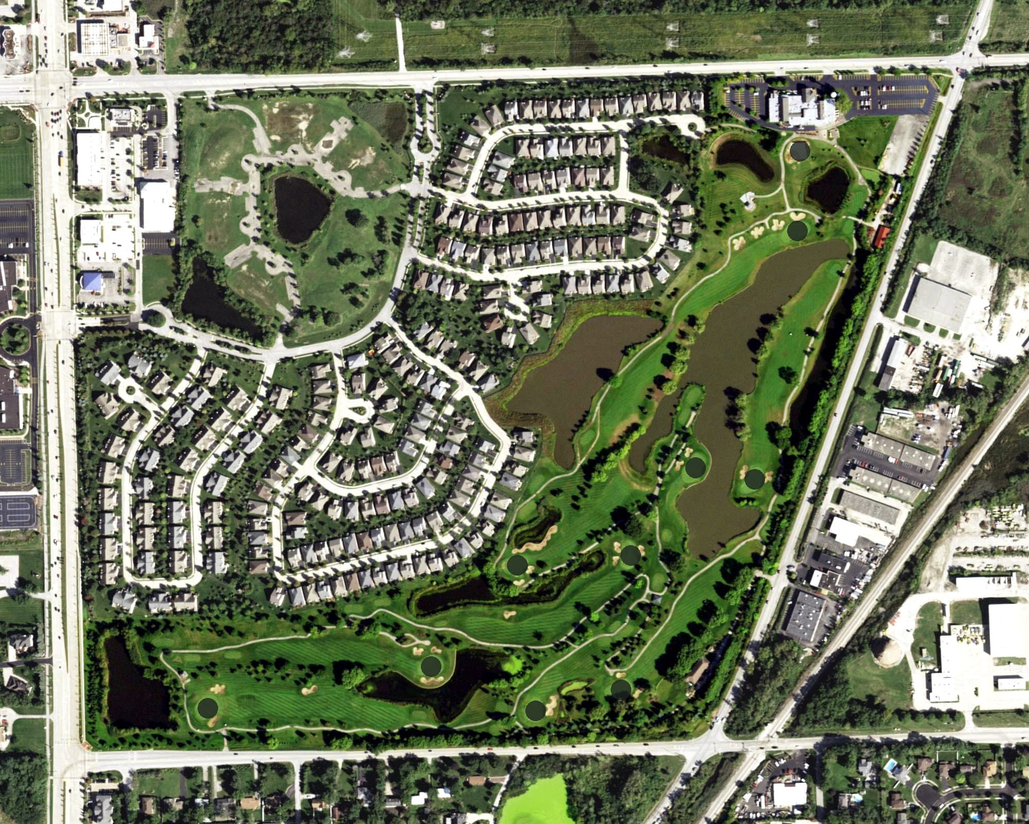 Aerial view of Palos Country Club, IL, with its hole routing marked