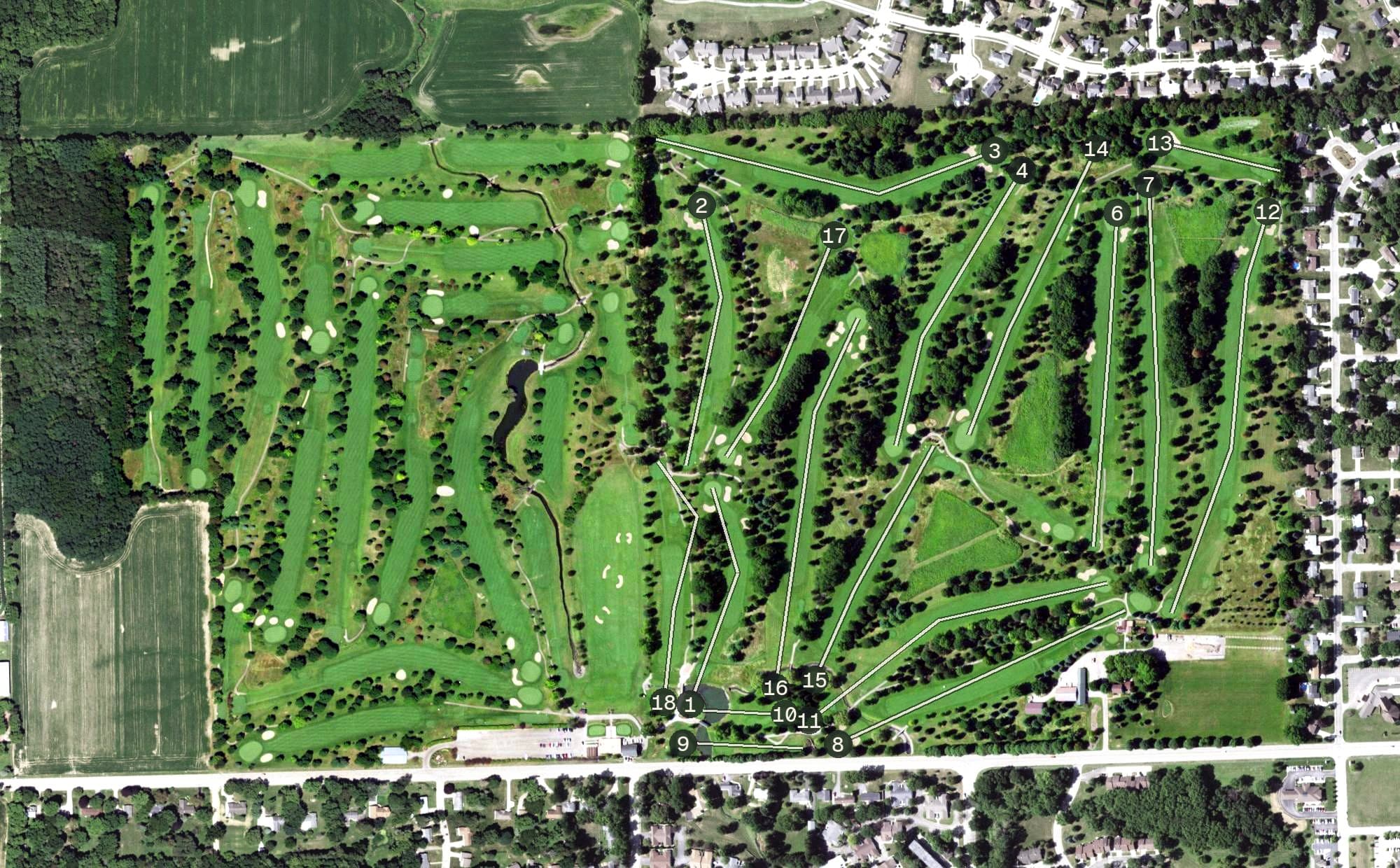Aerial view of Park Hills Golf Course, IL, with its hole routing marked