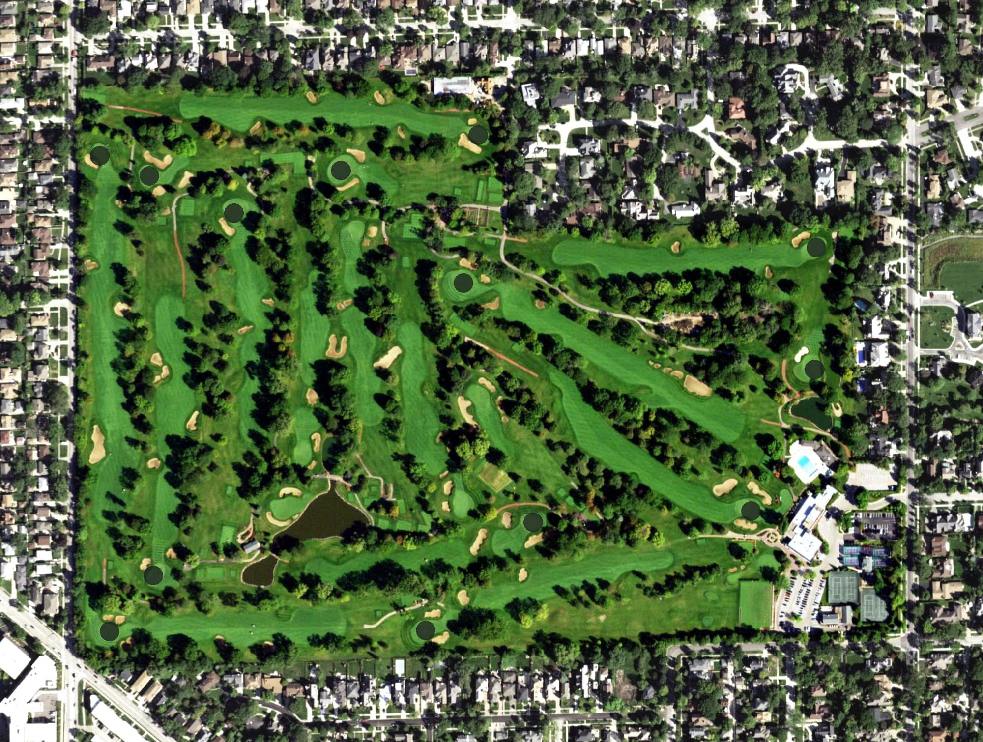 Aerial view of Park Ridge Country Club, IL, with its hole routing marked
