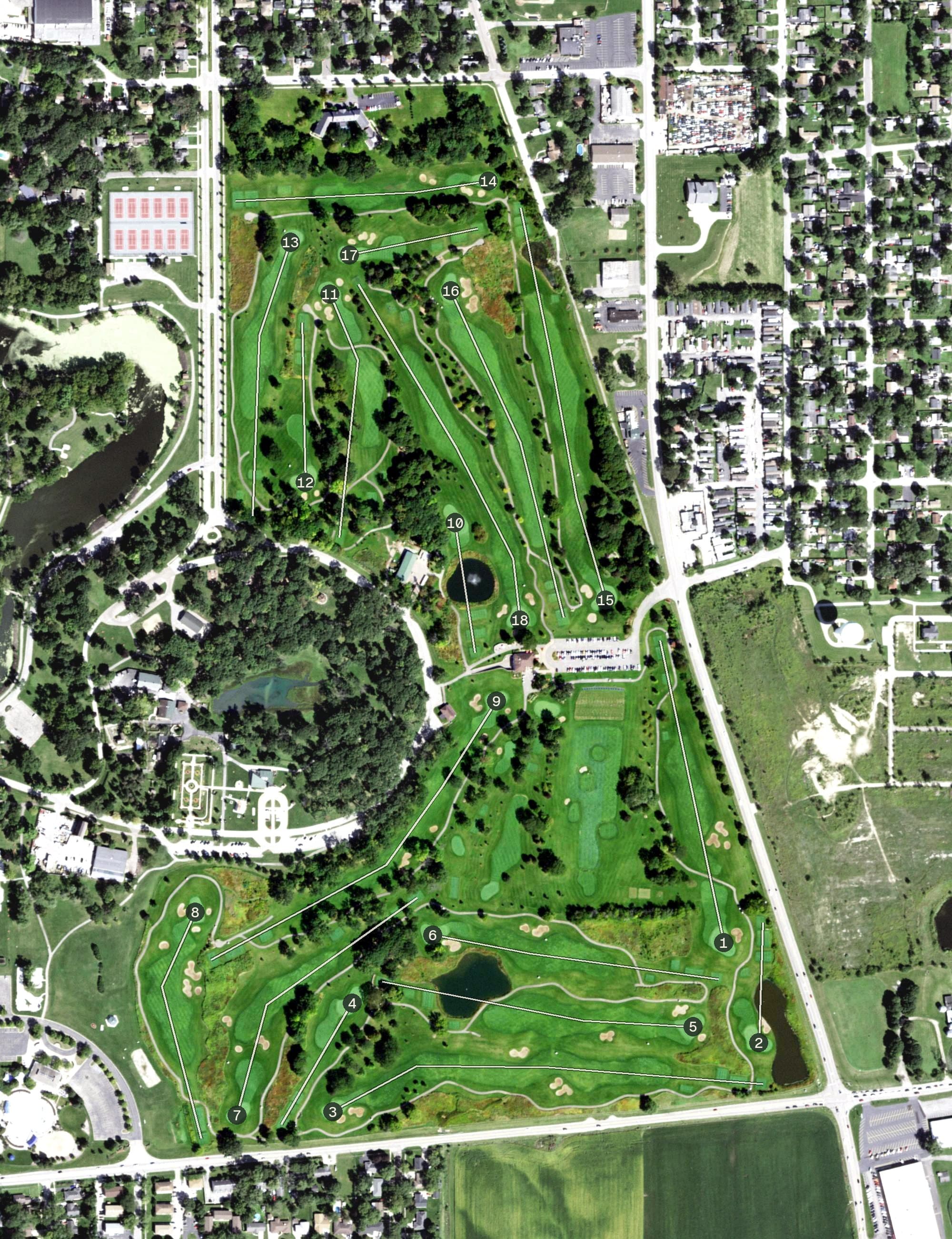 Aerial view of Phillips Park Golf Course, IL, with its hole routing marked