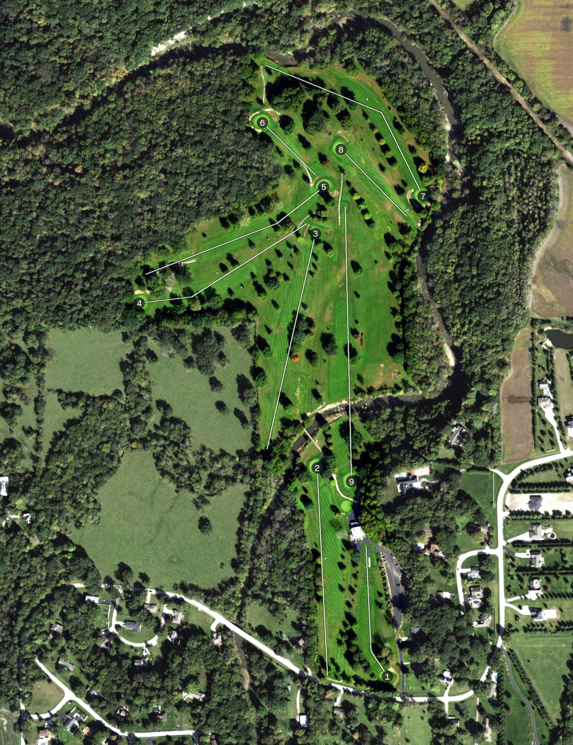 Aerial view of Pine Hills Golf Club, IL, with its hole routing marked