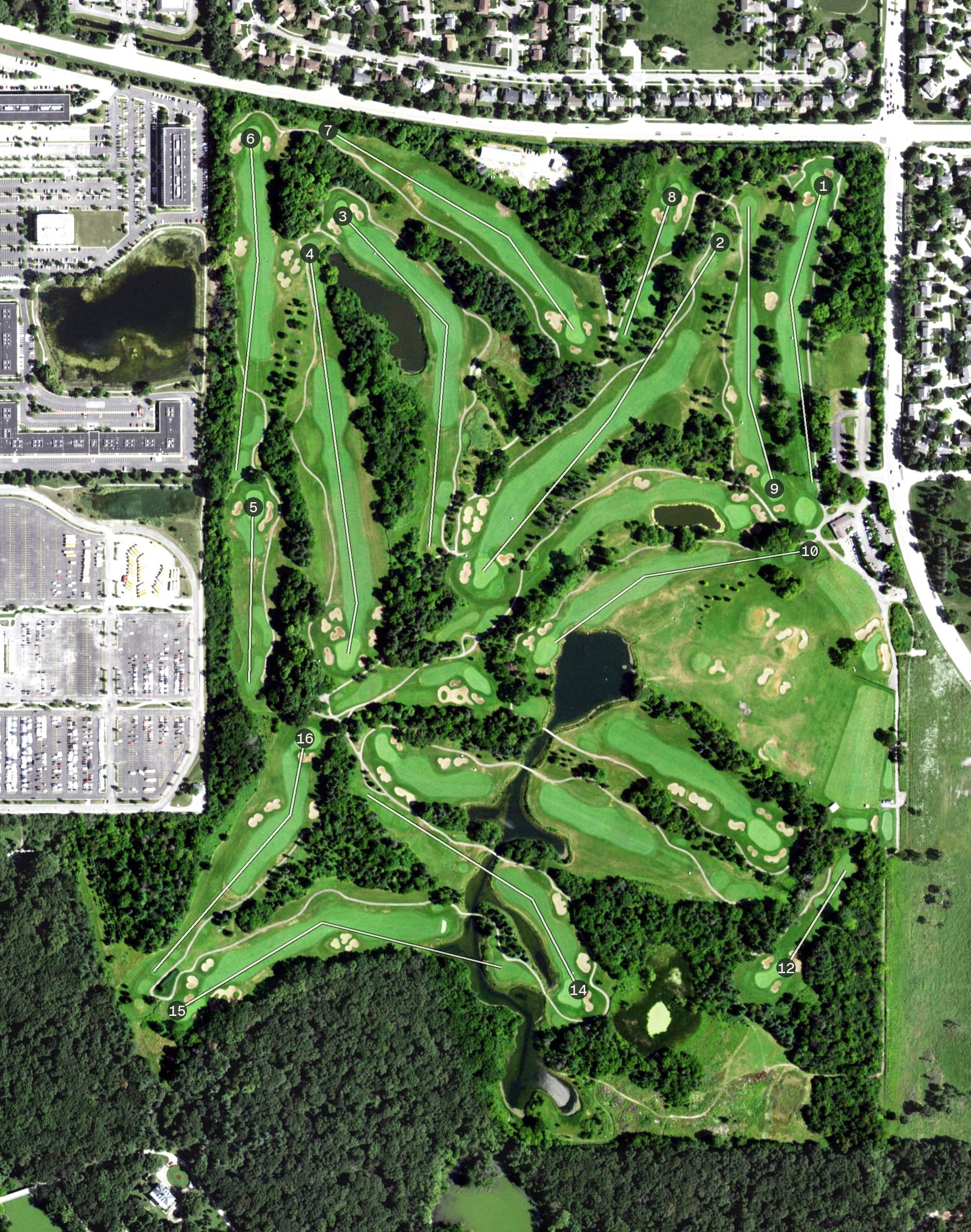 Aerial view of Pine Meadow Golf Club, IL, with its hole routing marked