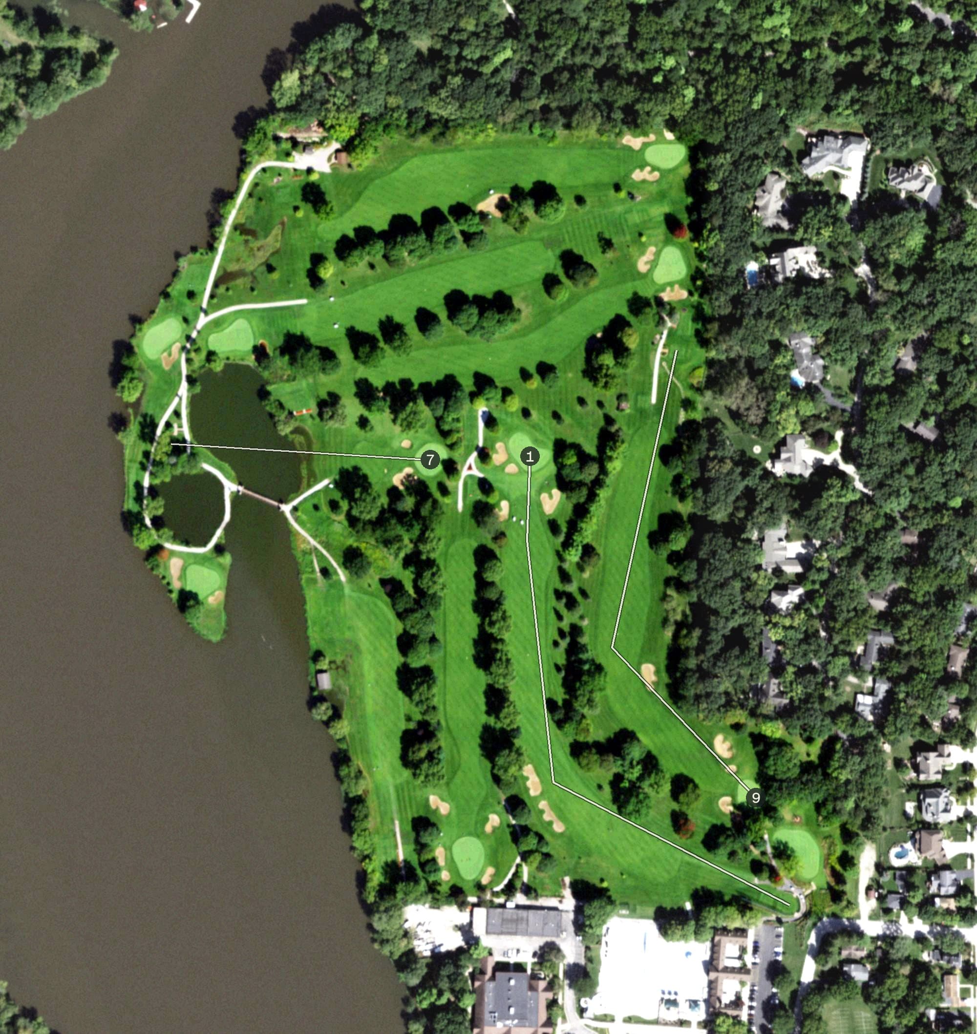 Aerial view of Pottawatomie Golf Course, IL, with its hole routing marked