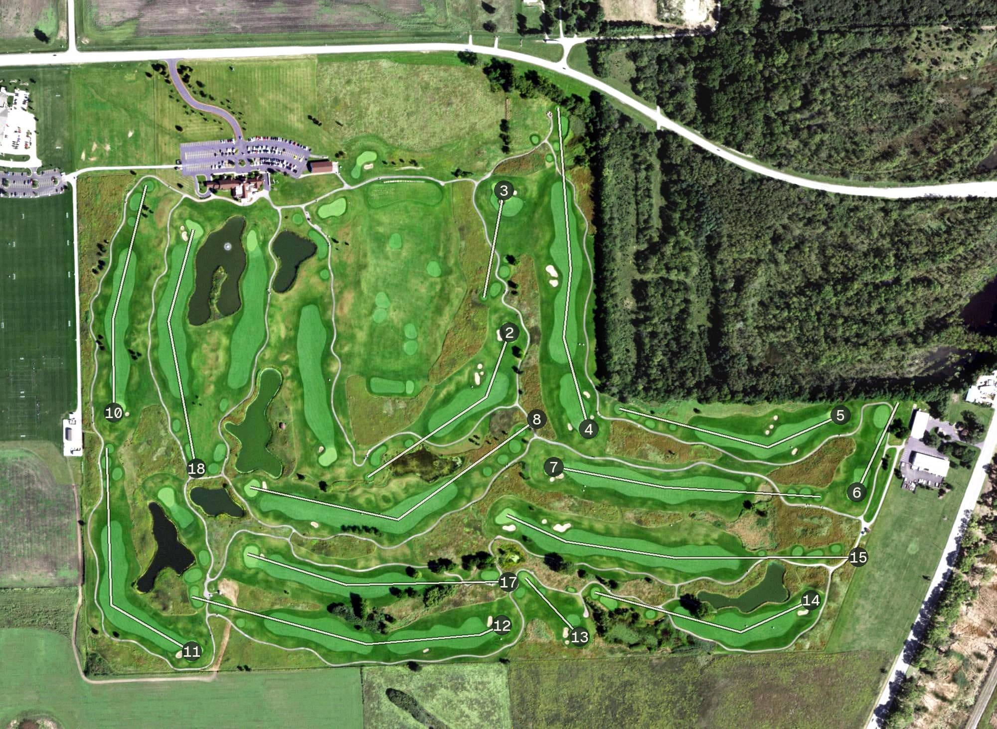 Aerial view of Prairie Bluff Public Golf Club, IL, with its hole routing marked
