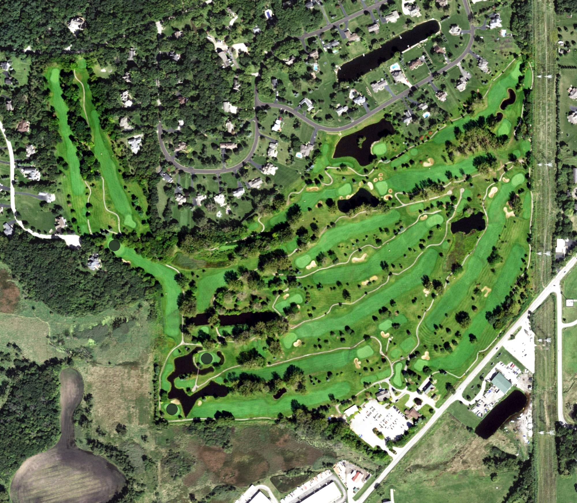 Aerial view of Prairie Isle Golf Club, IL, with its hole routing marked