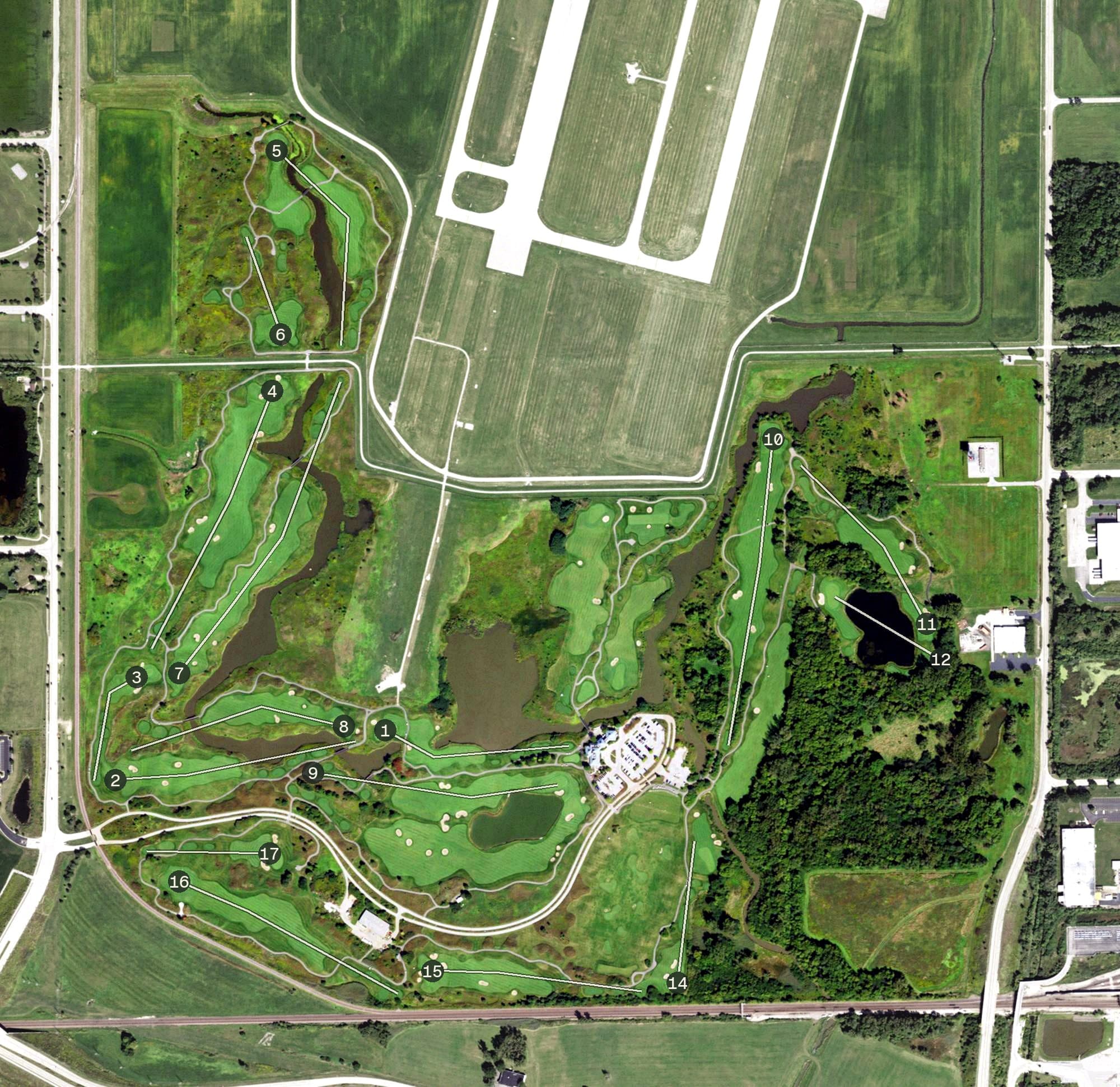 Aerial view of Prairie Landing Golf Club, IL, with its hole routing marked