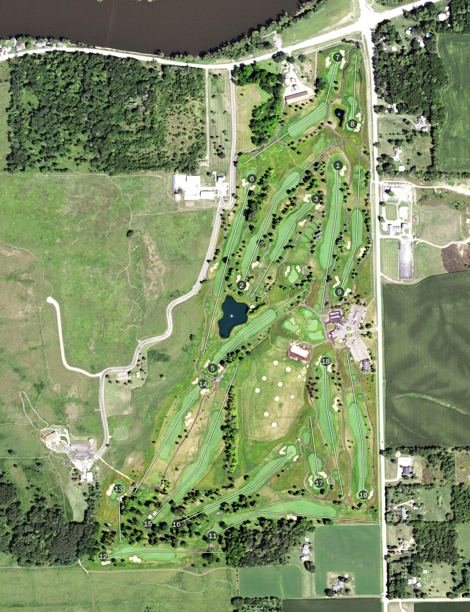 Aerial view of Prairie View Golf Course, IL, with its hole routing marked
