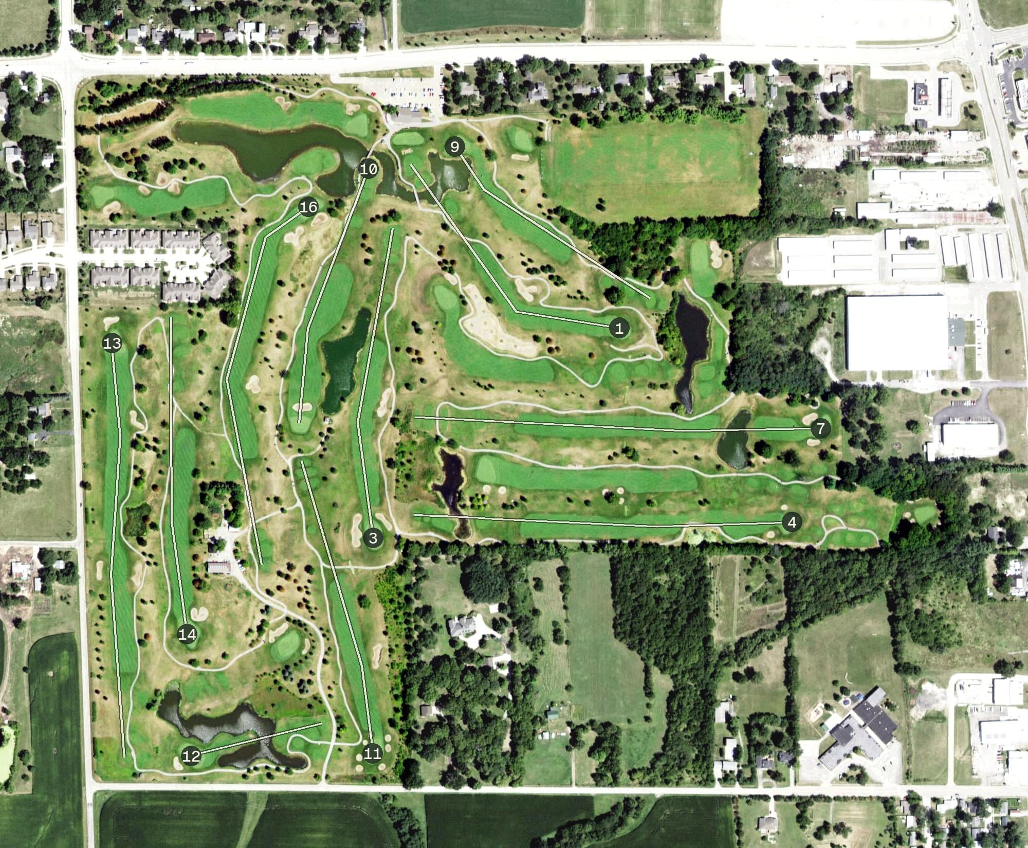 Aerial view of Prairie Vista Golf Course, IL, with its hole routing marked