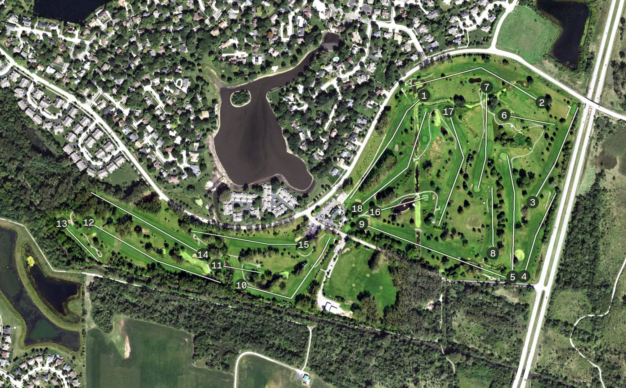 Aerial view of Bliss Creek Golf Course, IL, with its hole routing marked