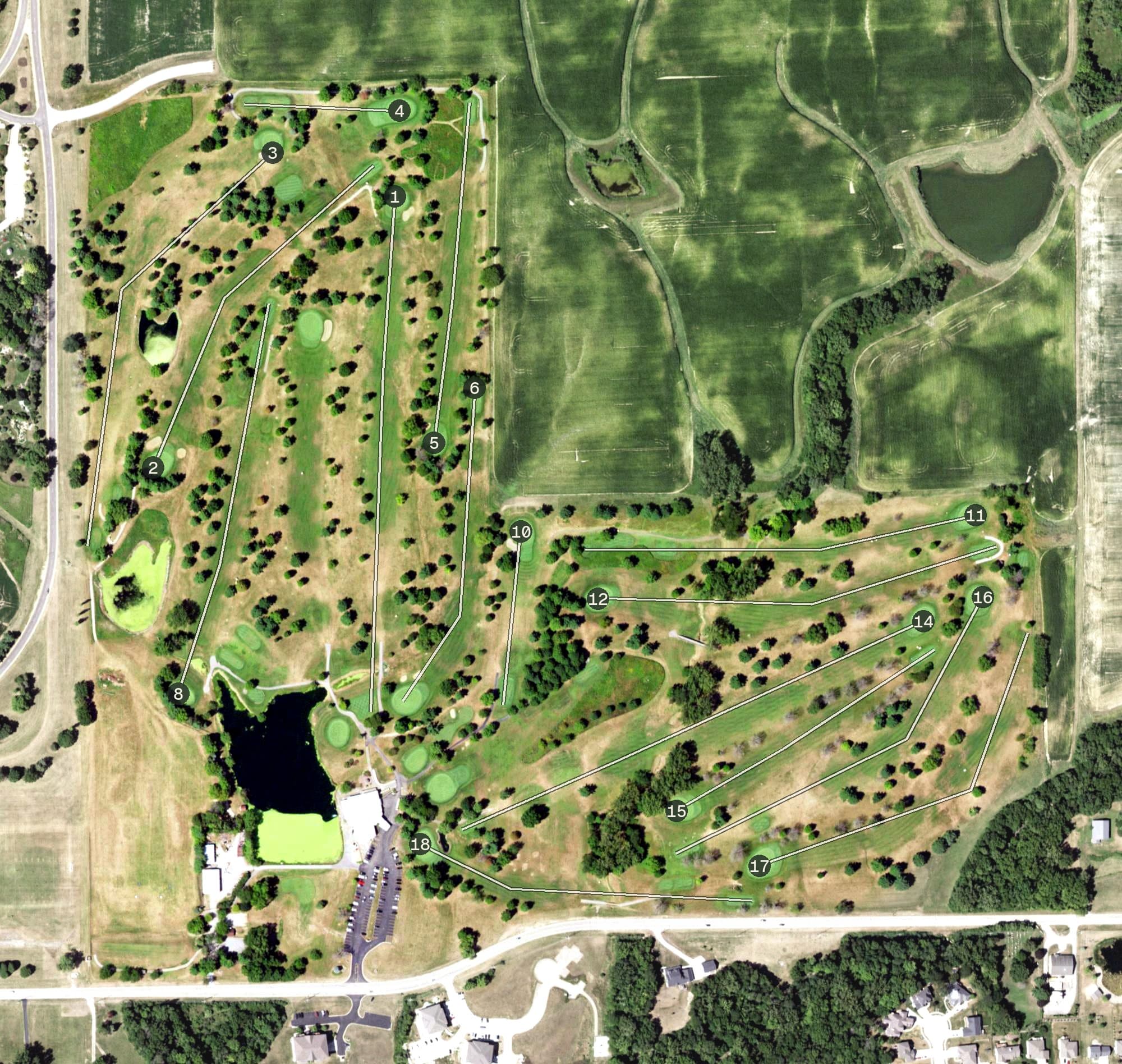Aerial view of Quail Meadows Golf Course, IL, with its hole routing marked