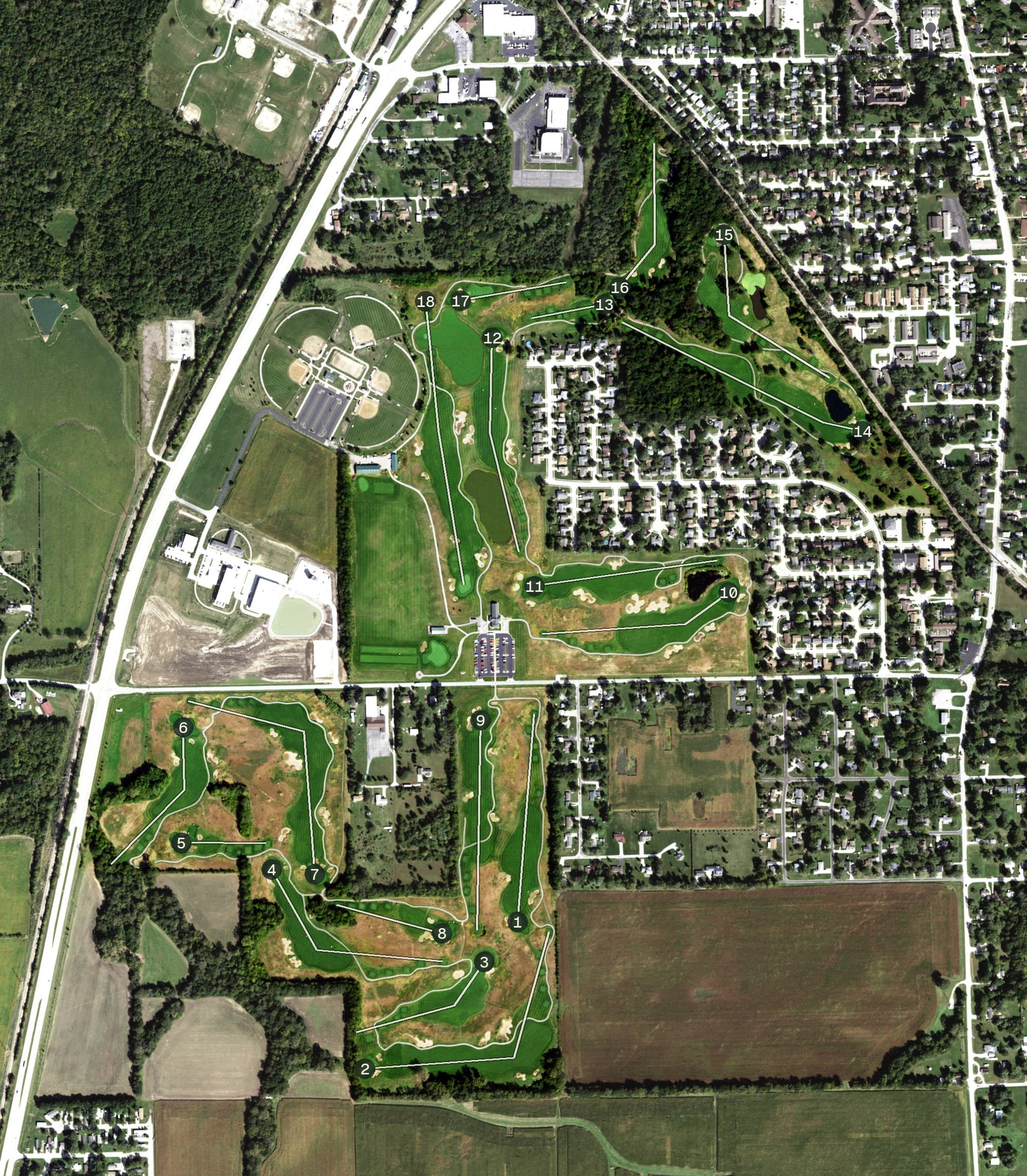 Aerial view of Red Tail Run Golf Club, IL, with its hole routing marked