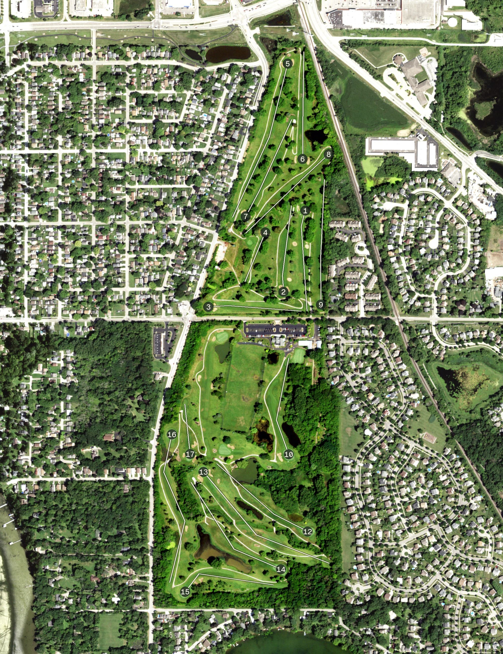 Aerial view of Renwood Golf Course, IL, with its hole routing marked