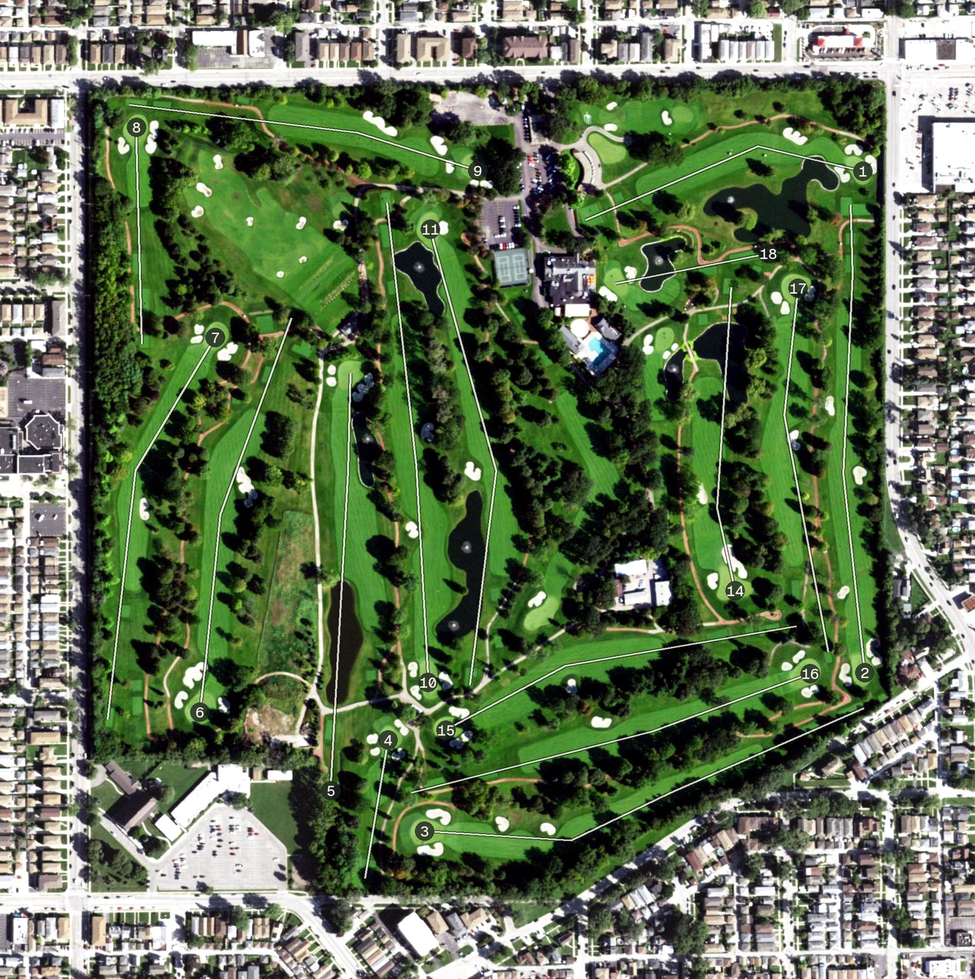 Aerial view of Ridgemoor Country Club, IL, with its hole routing marked