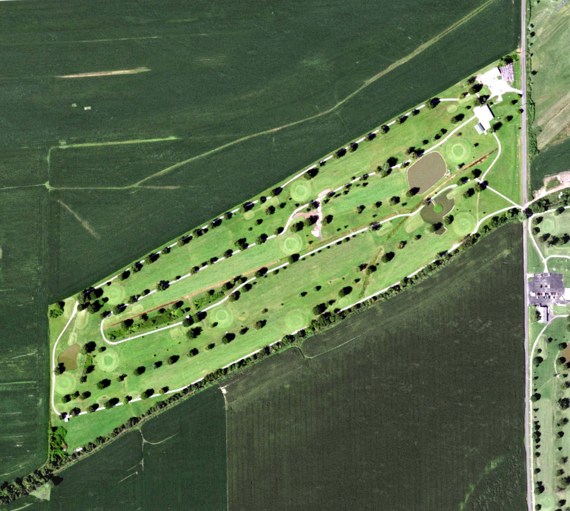 Aerial view of River Lakes Golf Course, IL, with its hole routing marked
