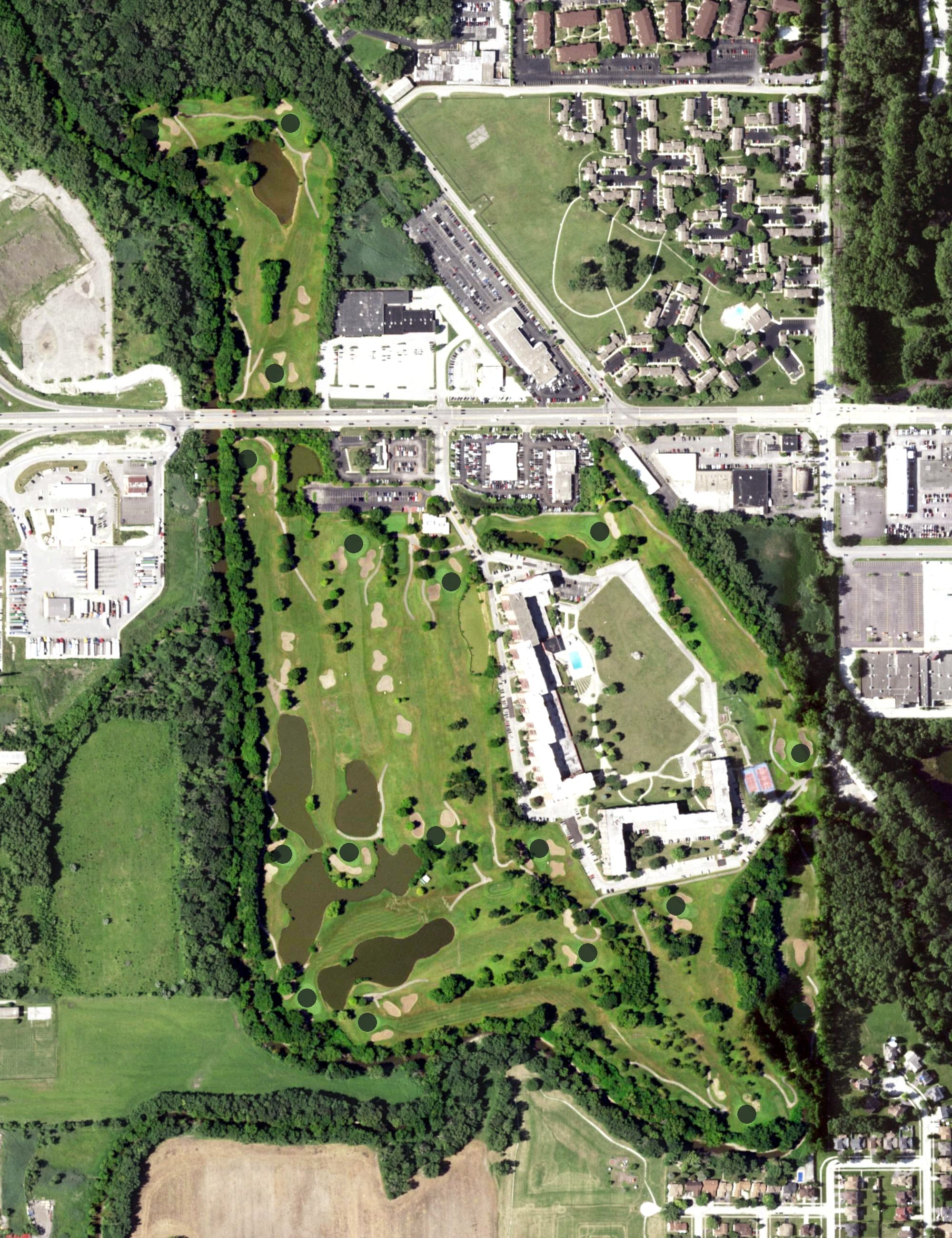 Aerial view of River Oaks Golf Course, IL, with its hole routing marked