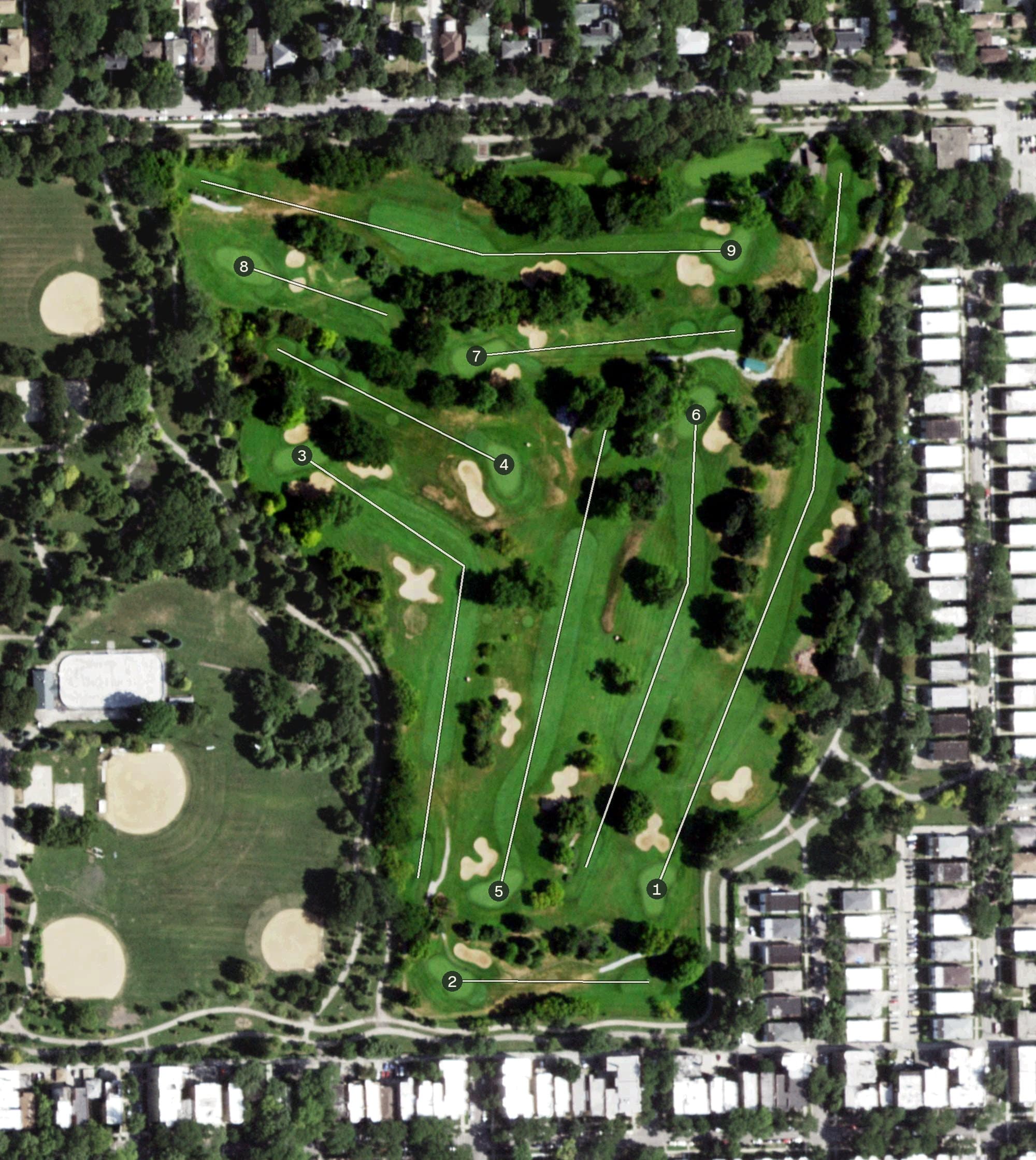 Aerial view of Robert A. Black Golf Course, IL, with its hole routing marked