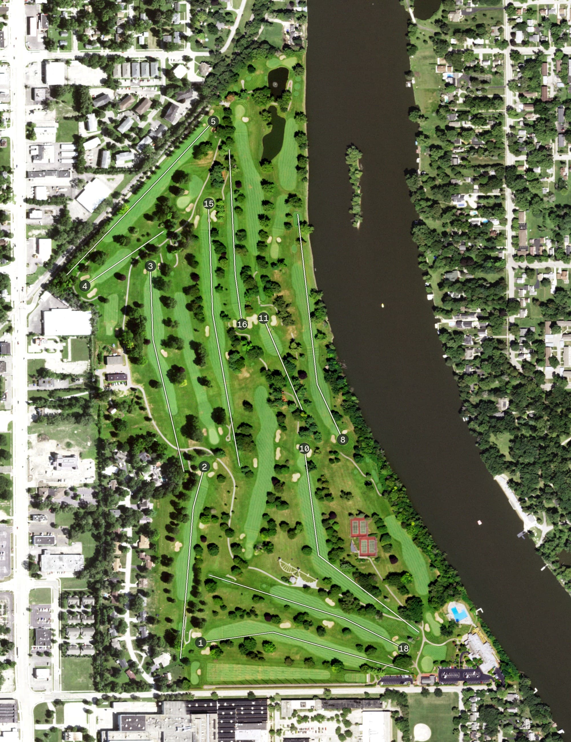 Aerial view of Rockford Country Club, IL, with its hole routing marked
