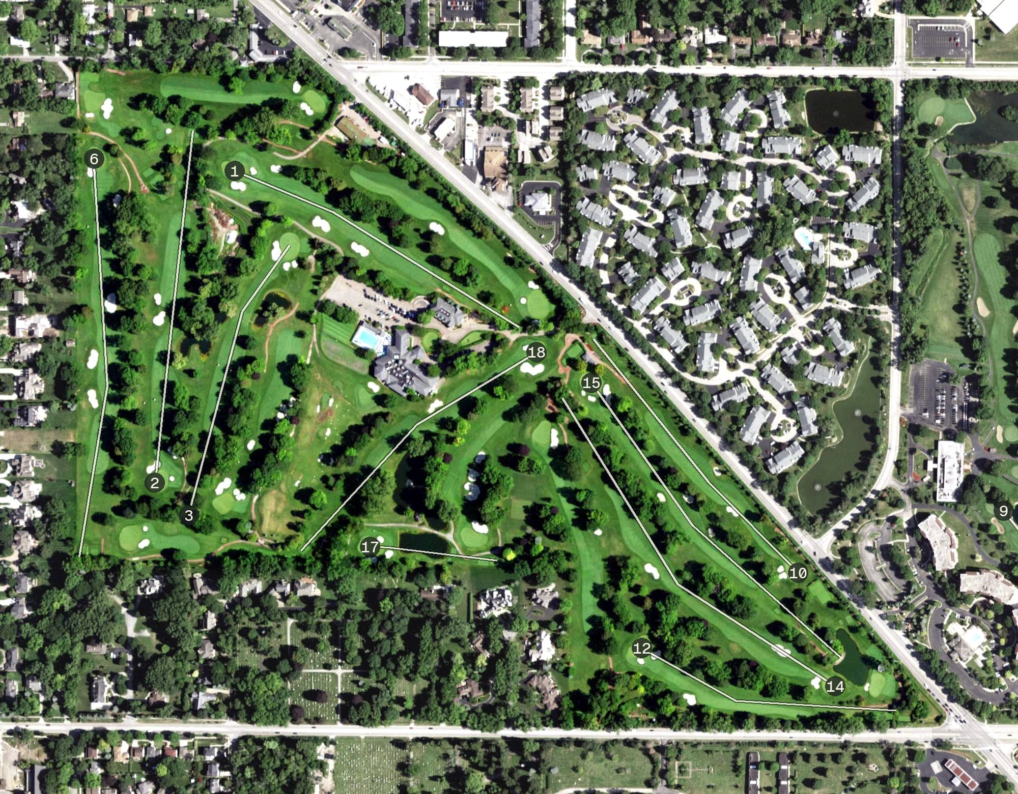 Aerial view of Rolling Green Country Club, IL, with its hole routing marked