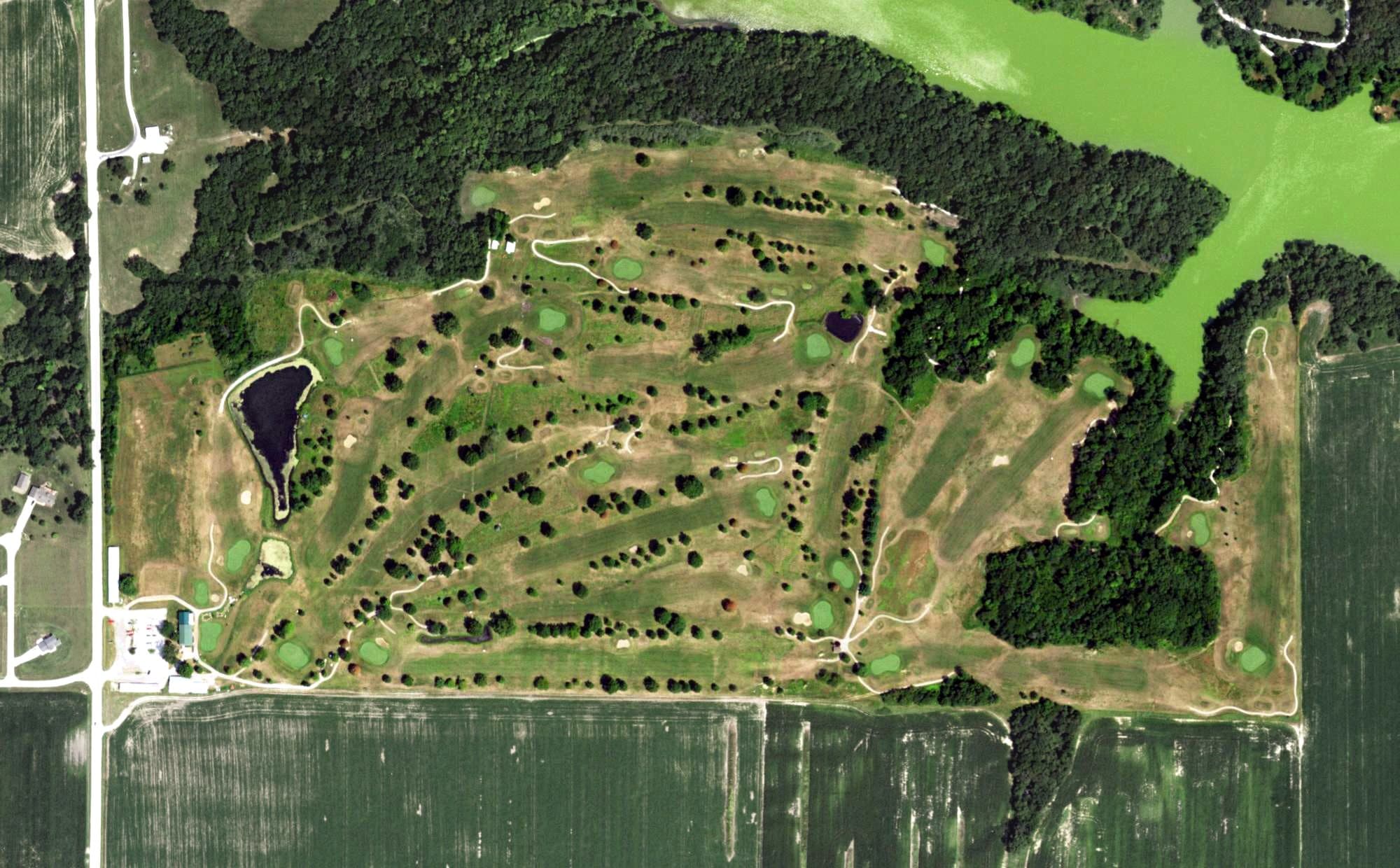 Aerial view of Rolling Greens Golf Course, IL, with its hole routing marked
