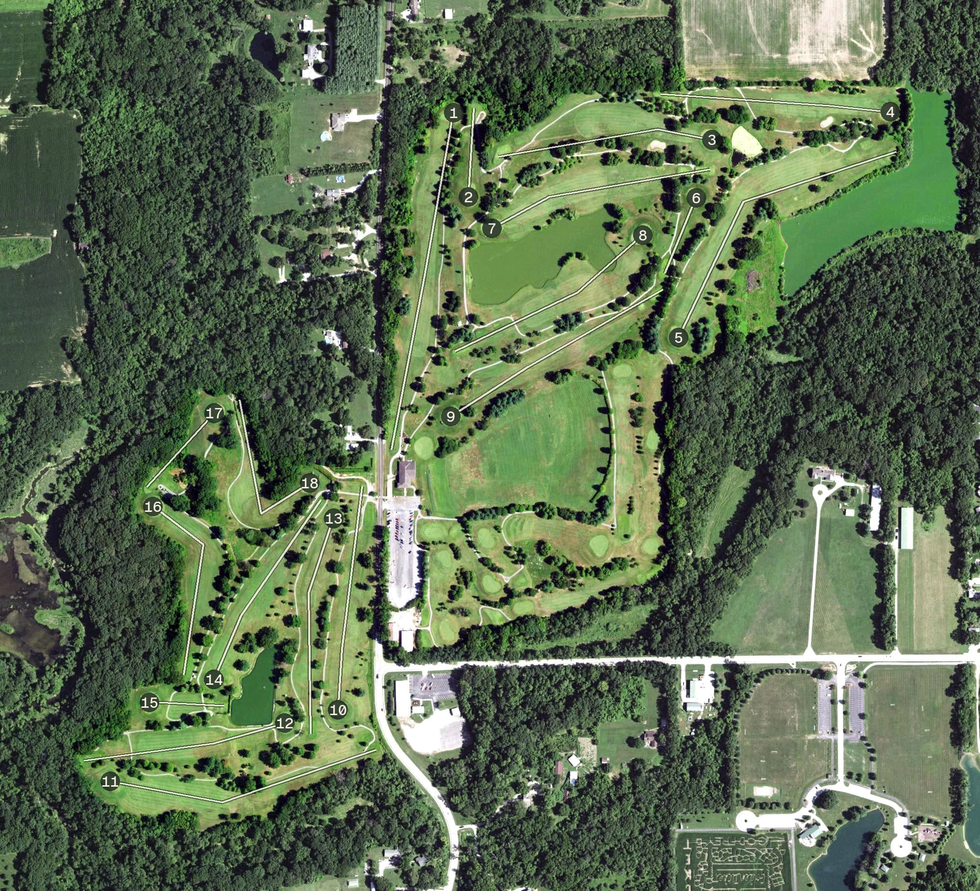 Aerial view of Rolling Hills Golf Course, IL, with its hole routing marked