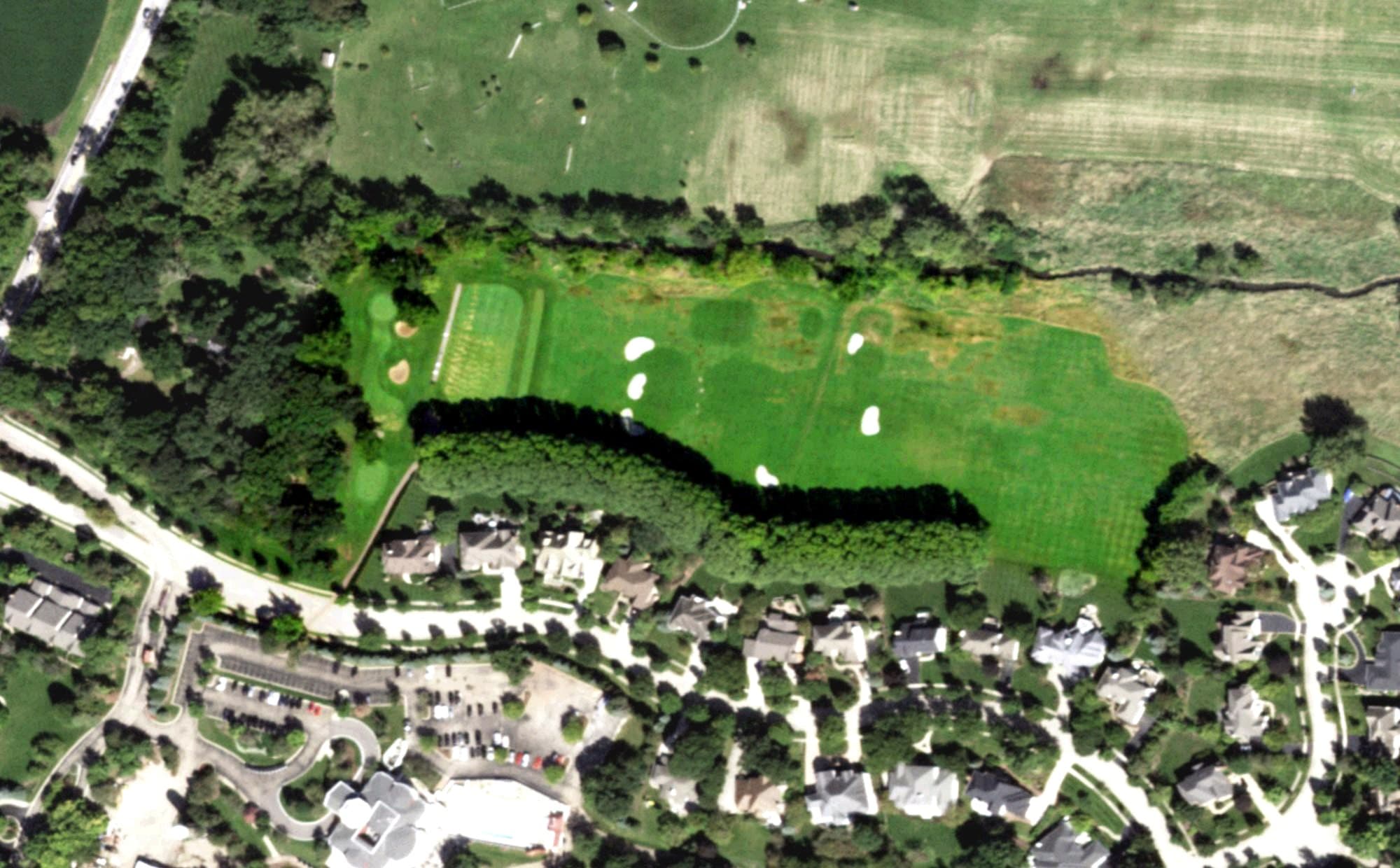 Aerial view of Royal Fox Country Club, IL, with its hole routing marked