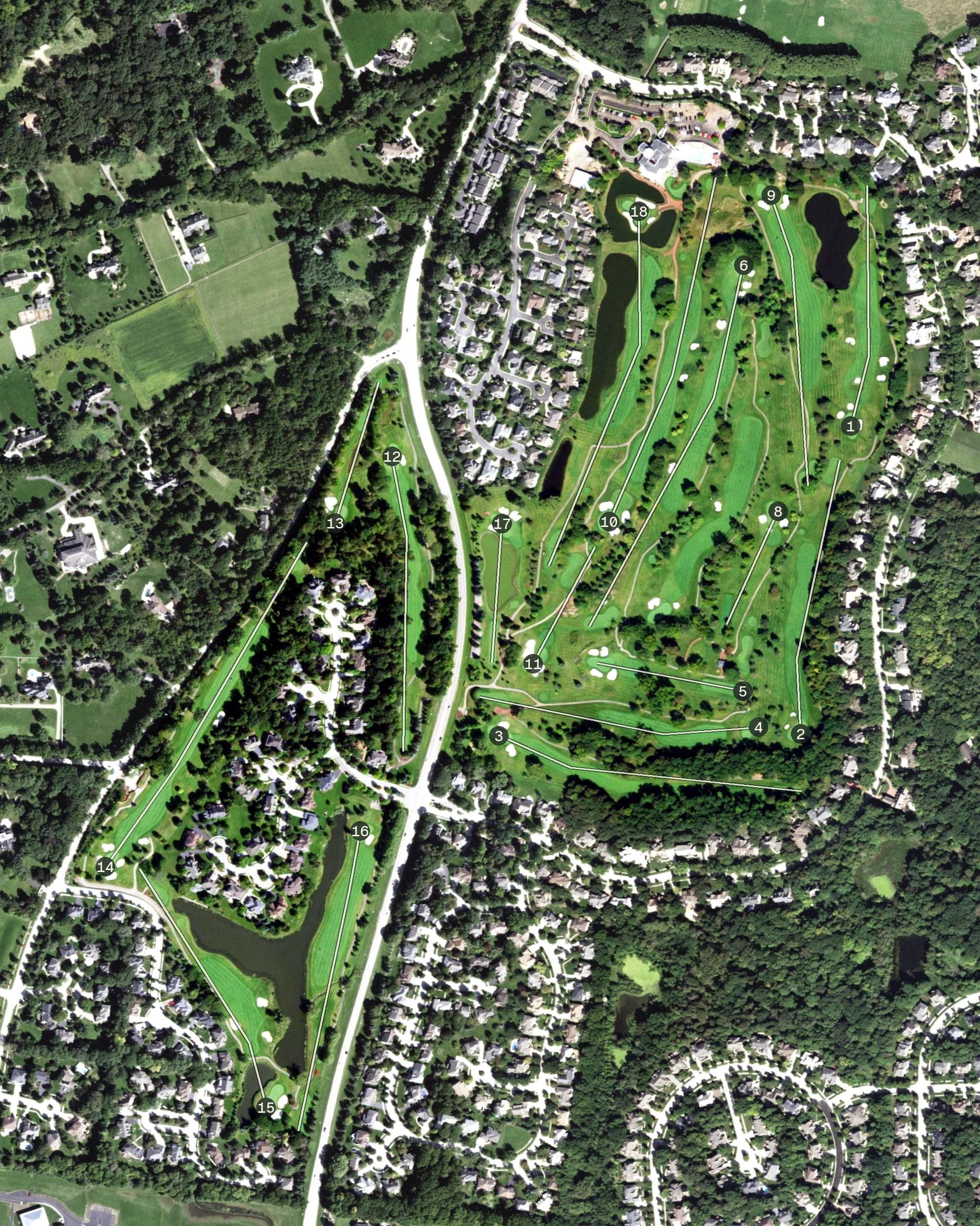 Aerial view of Royal Fox Golf Club, IL, with its hole routing marked