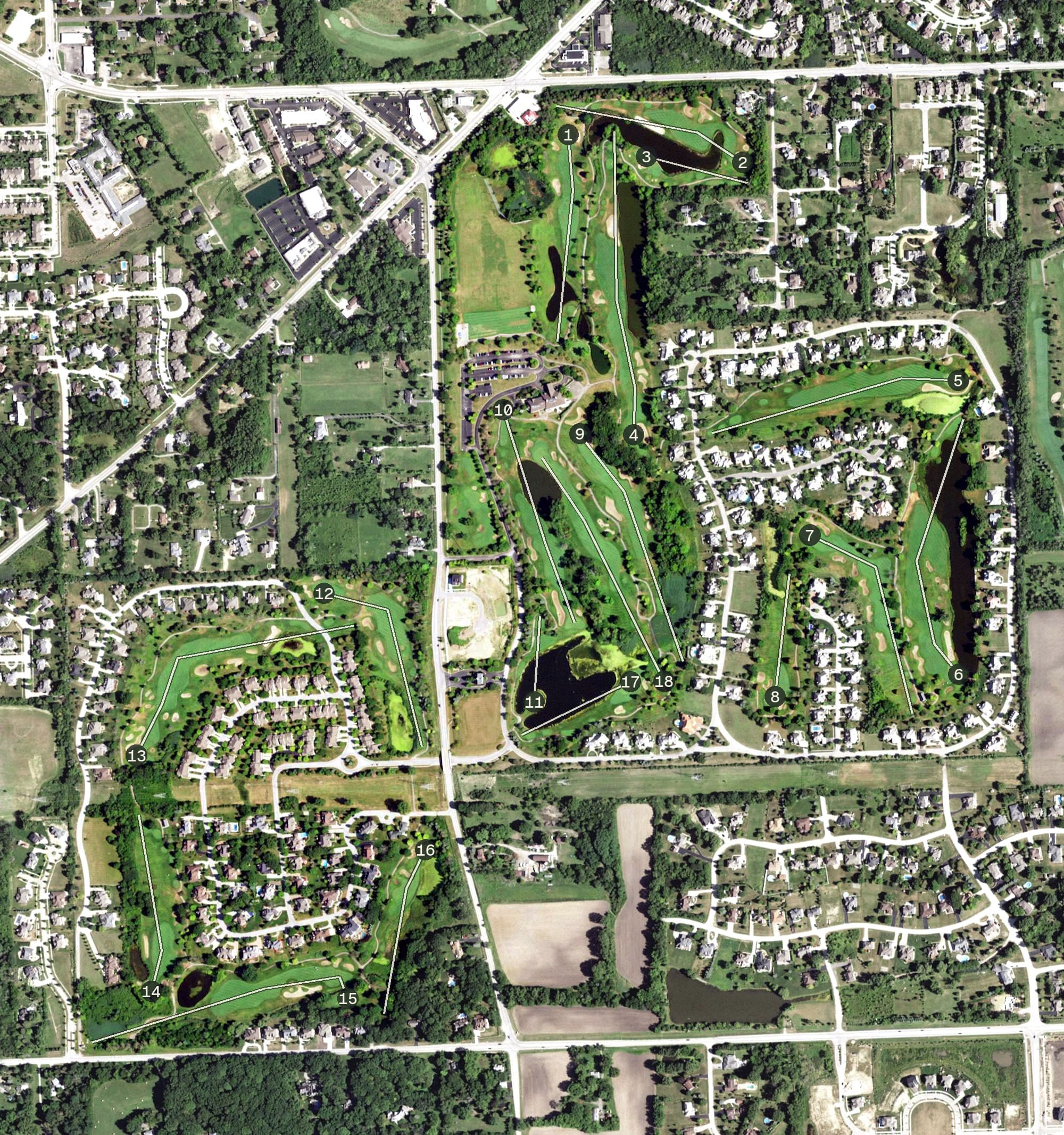 Aerial view of Ruffled Feathers Golf Community, IL, with its hole routing marked