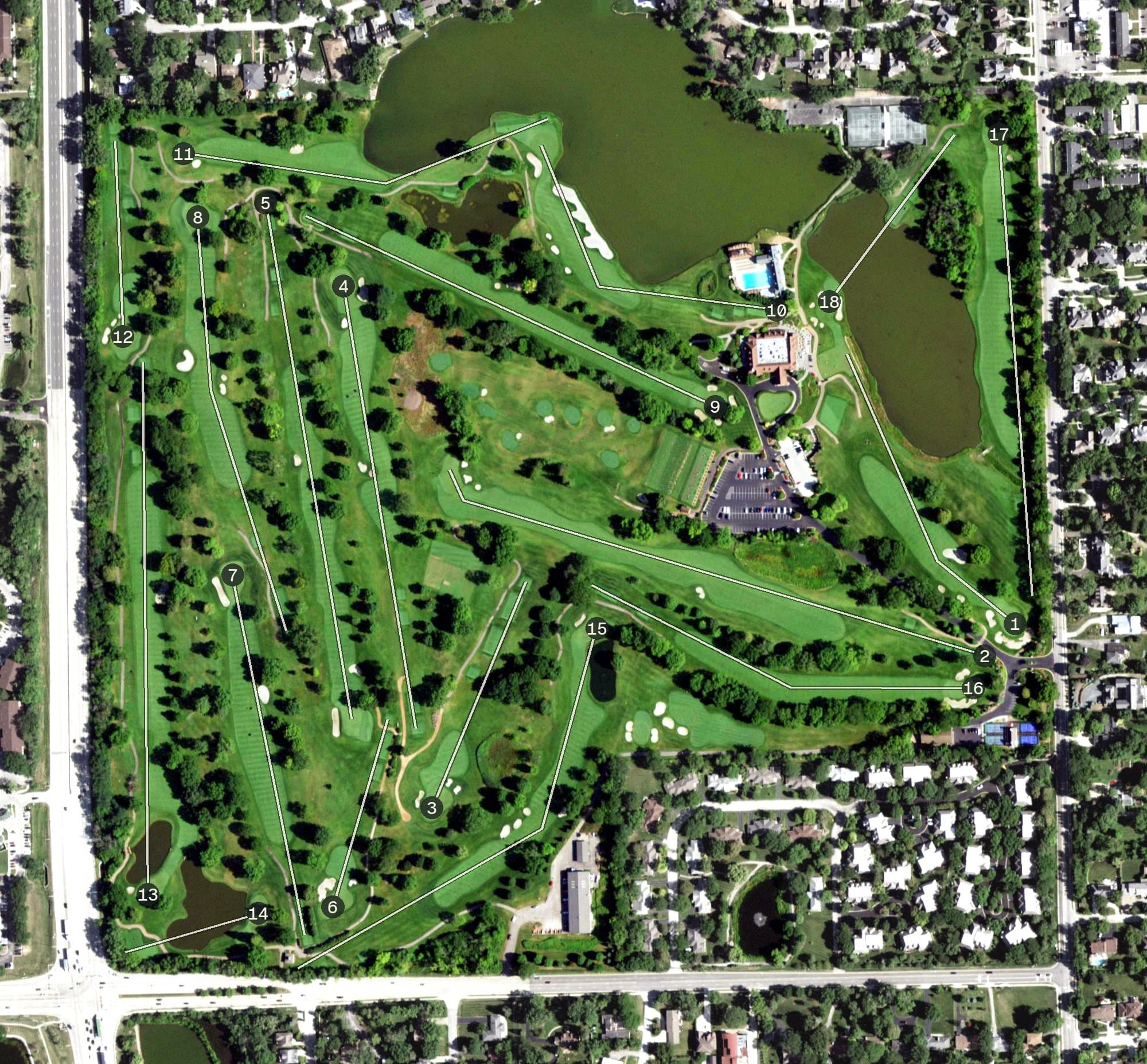 Aerial view of Ruth Lake Country Club, IL, with its hole routing marked