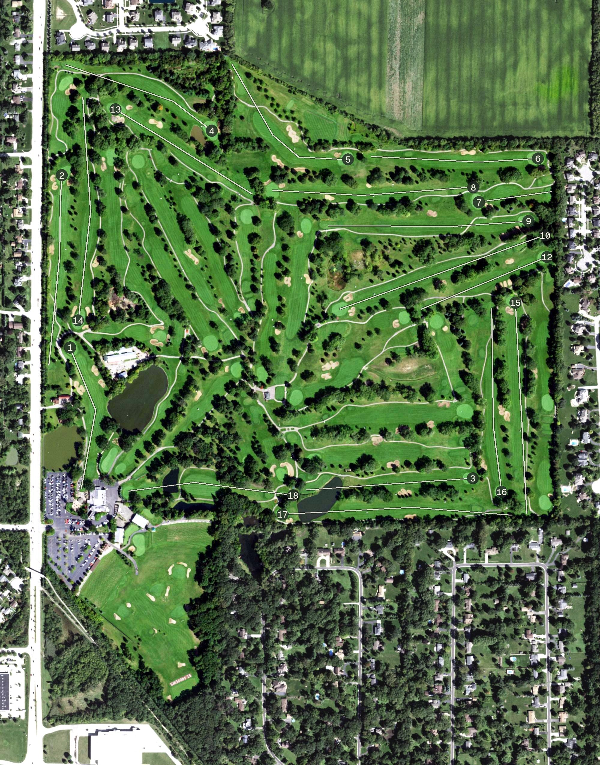 Aerial view of Saint Andrew's Golf and Country Club, IL, with its hole routing marked